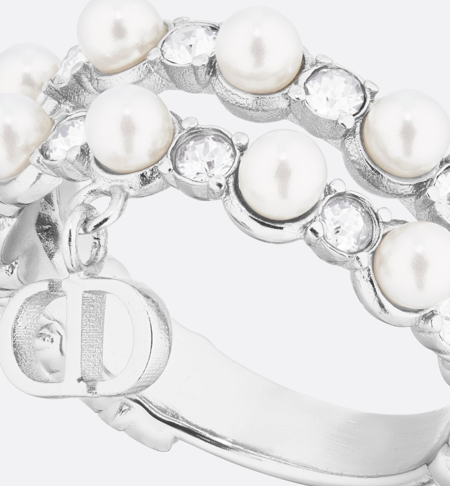 Petit Cd Treasure Ring Silver Finish Metal With White Resin Pearls And Silver-Tone Crystals