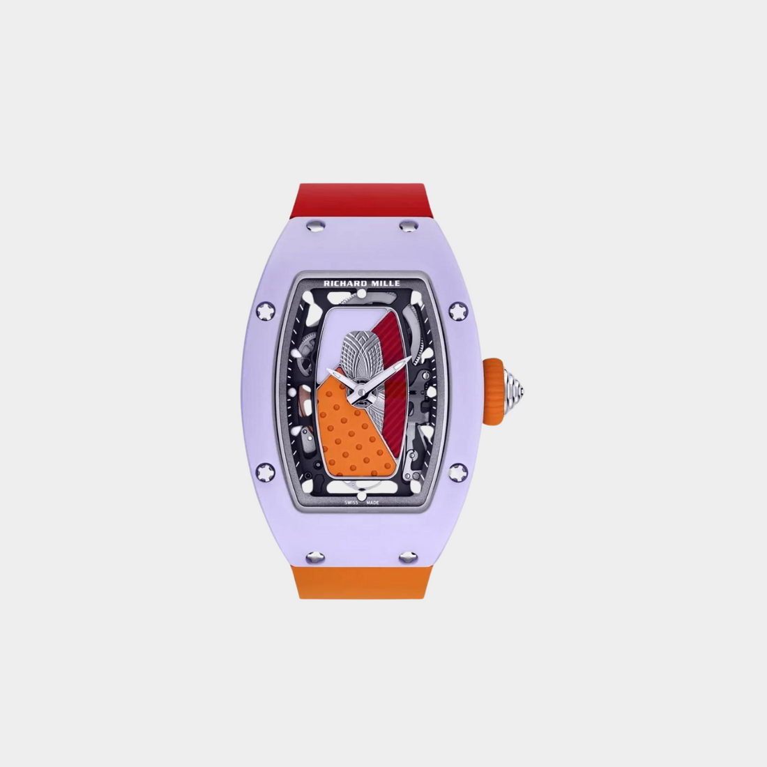 Rm 07-01 Coloured Pastel Lavender Ceramic Limited Edition 45.66Mm X 31.40Mm Coral And Tangerine Rubber Straps Ladies Watch