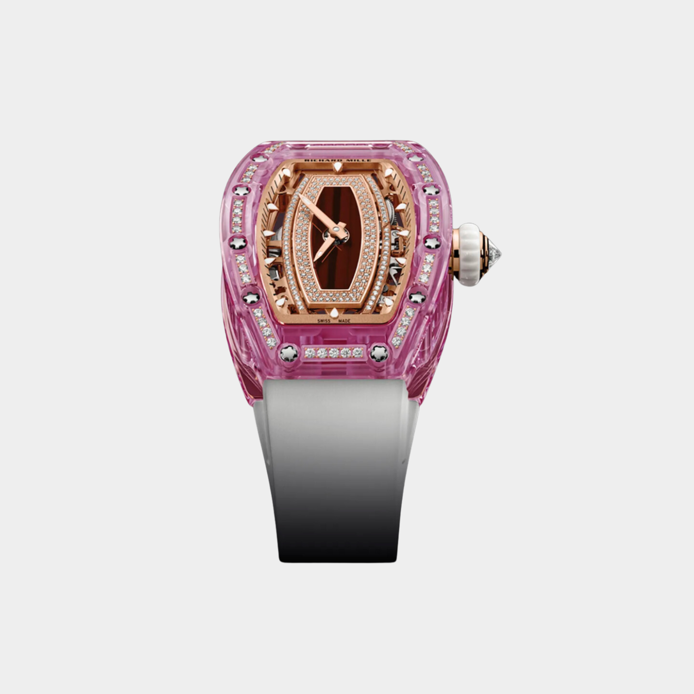 Rm 07-02 Pink Lady Sapphire Smokey Mother Of Pearl With Diamond-Set Dial Red Gold White Rubber Straps Ladies Watch