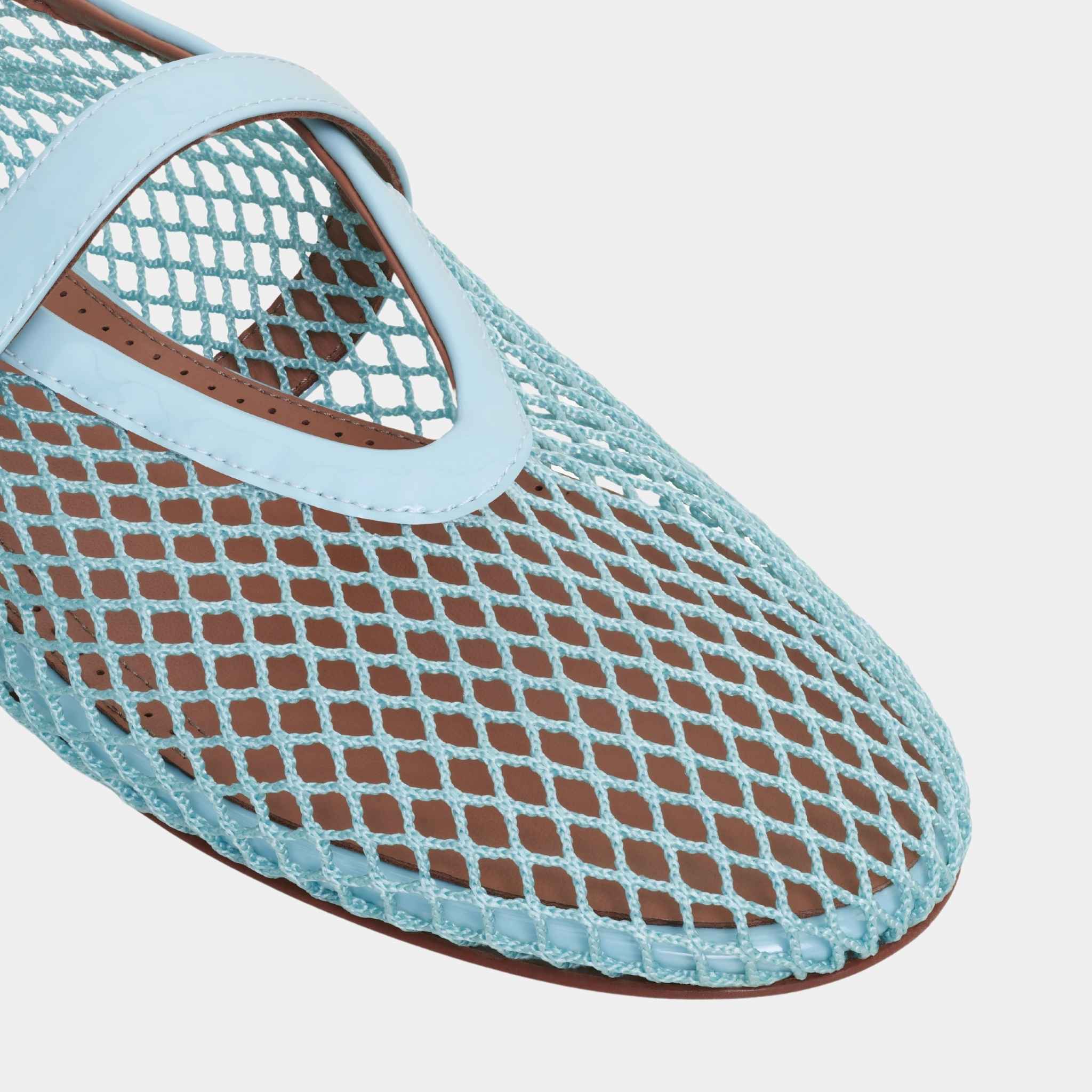 Alaia Ballet Flats In Fishnet, Lagoon Blue, Close Up View