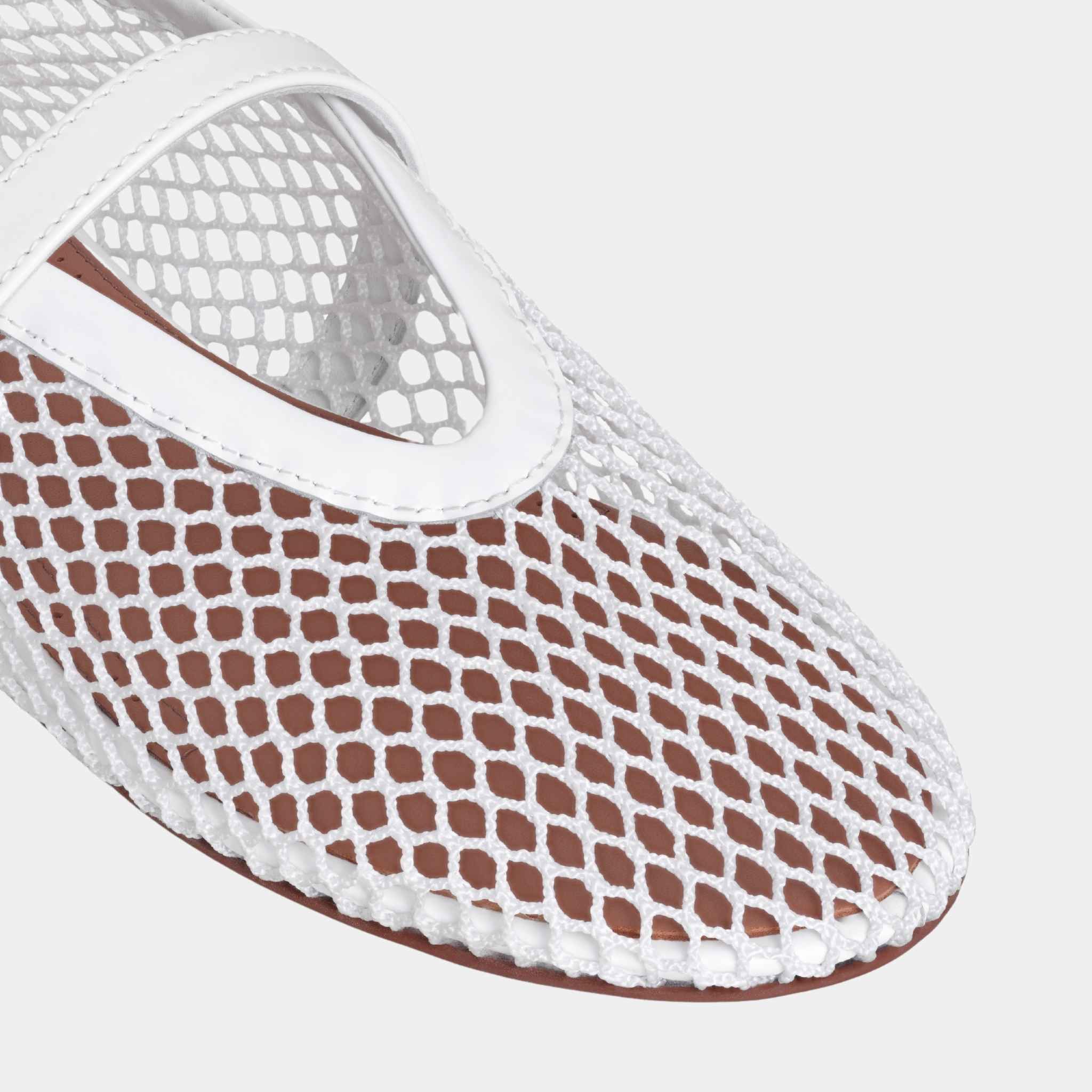 Alaia Ballet Flats In Fishnet, White, Close Up View