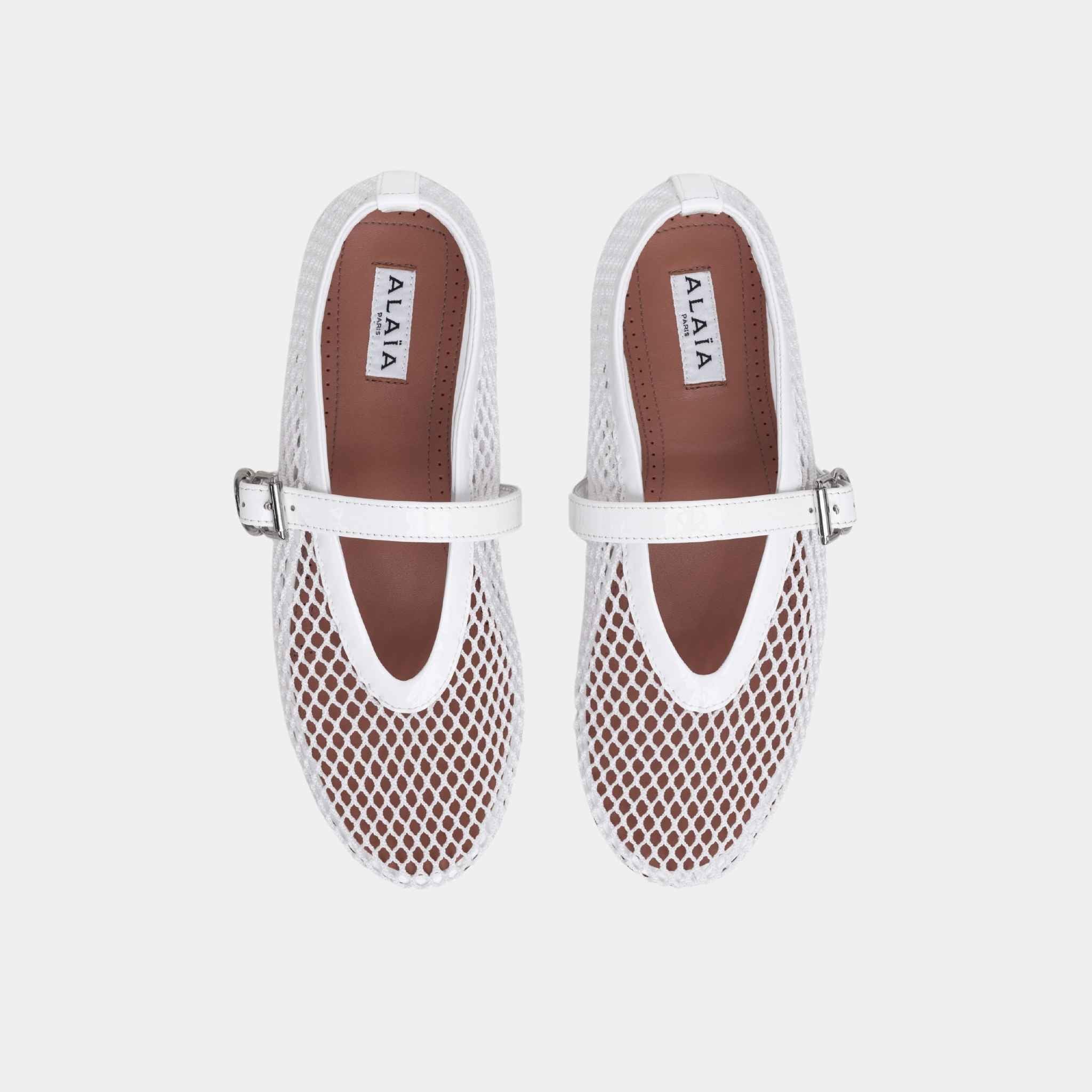 Alaia Ballet Flats In Fishnet, White, Top View