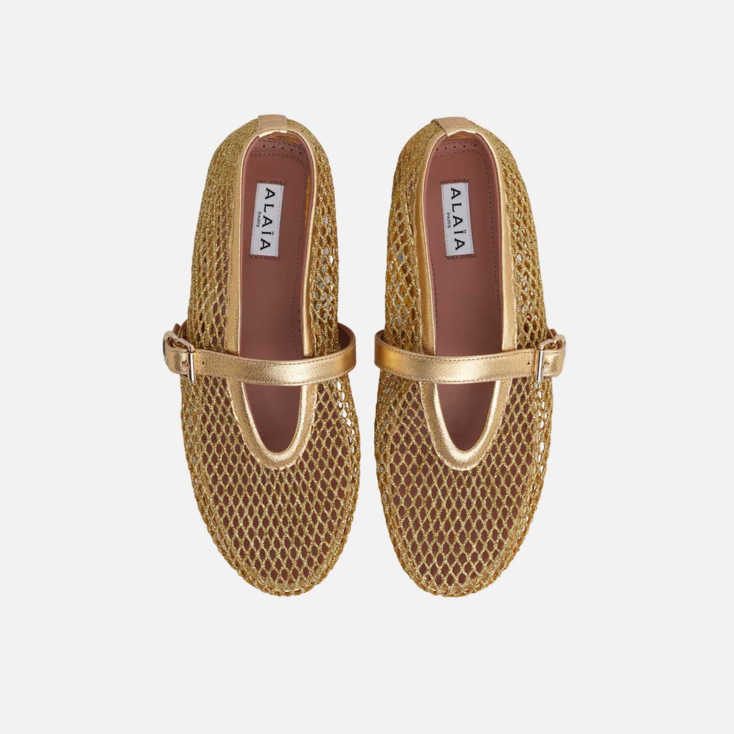 Alaia Ballet Flats In Laminated Fishnet, Gold, Top