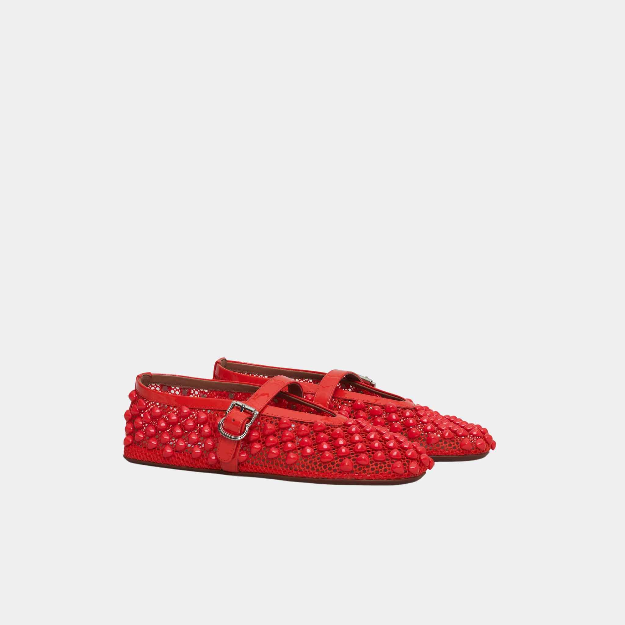 Alaia Ballet flats With Studs On Fishnet, Red, Front, Side