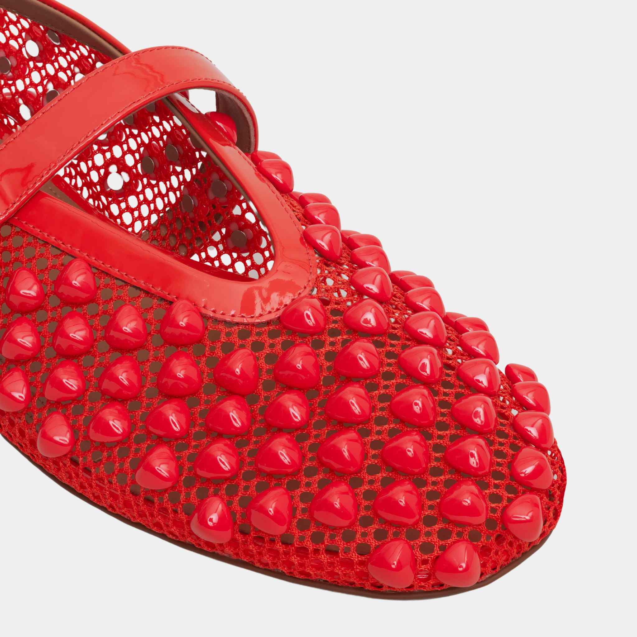 Alaia Ballet Flats With Studs On Fishnet, Red, Top, Closeup