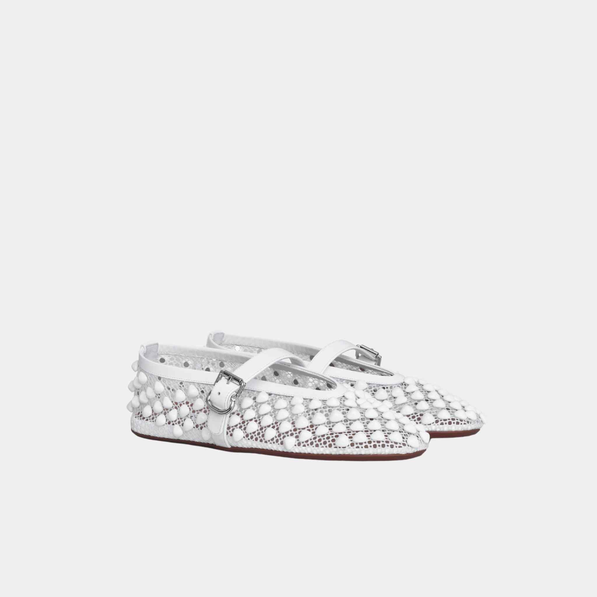 Alaia Ballet Flats With Studs On Fishnet, White, Side, Front