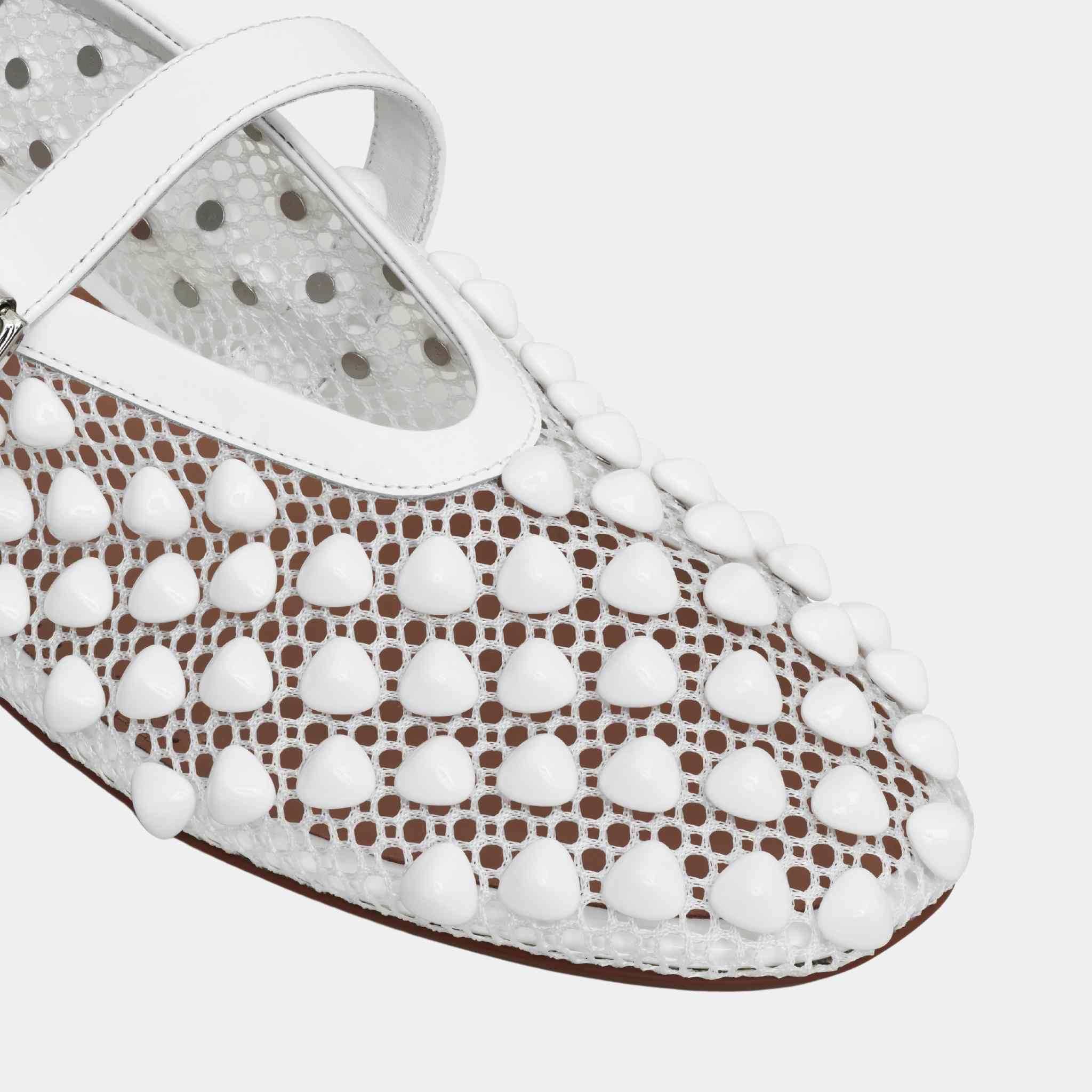 Alaia Ballet Flats With Studs On Fishnet, White, Closeup, Top