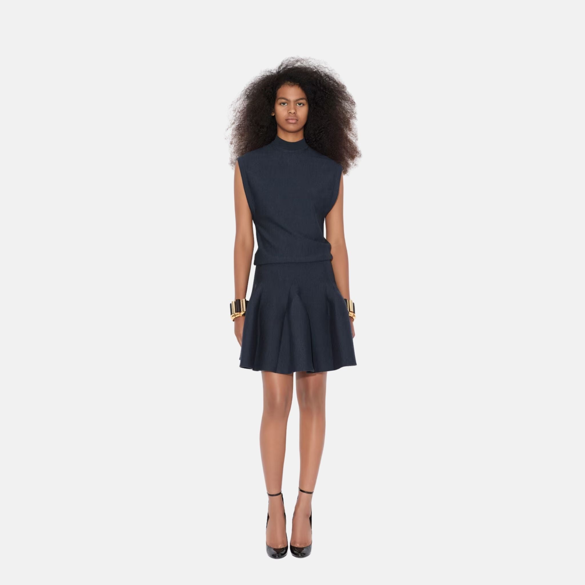 Alaia Cap Sleeve Dress In Sculptural Godet Knit, Black, Model