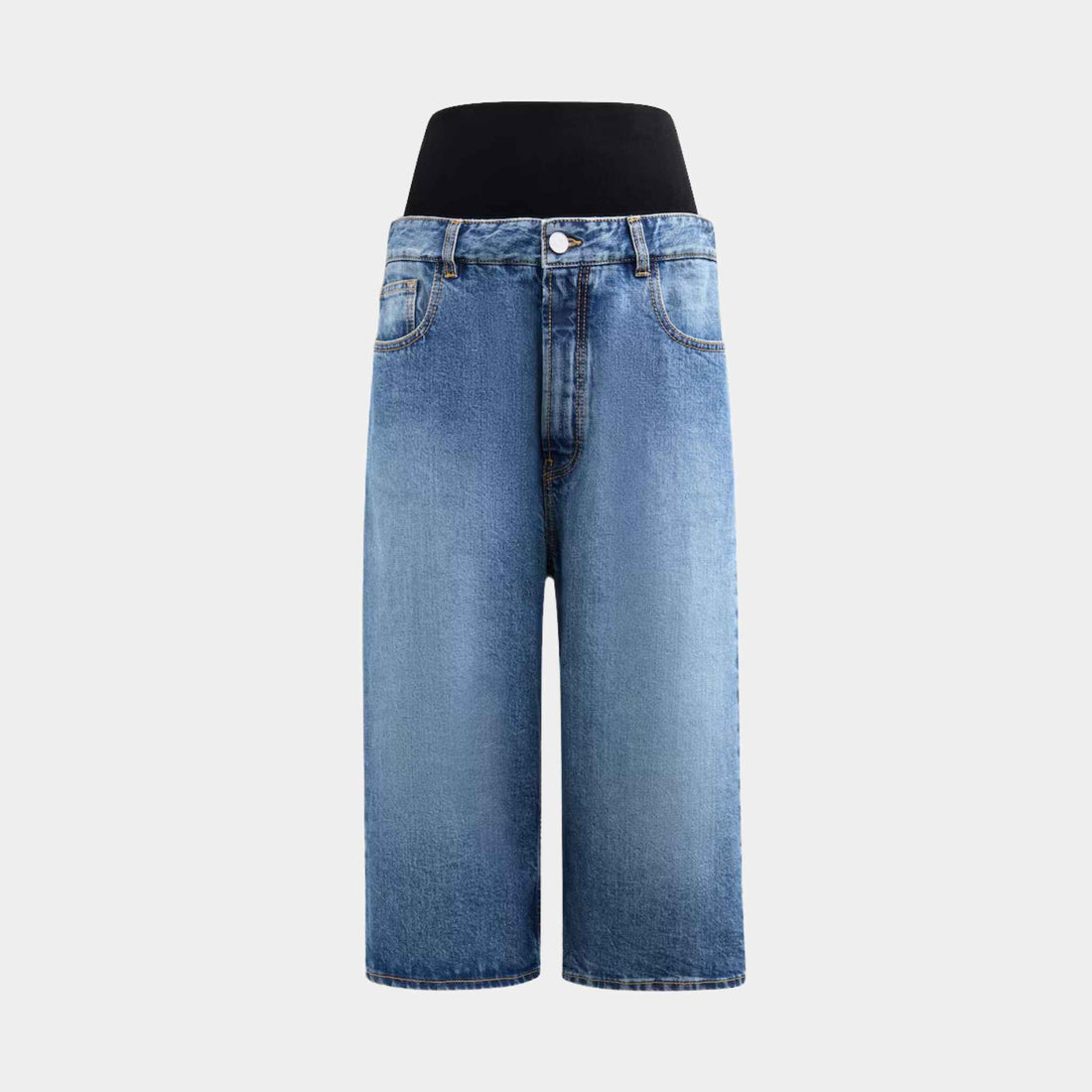 Alaia Denim Bermuda Shorts With Knitted Waistband, Blue Vintage, Front View