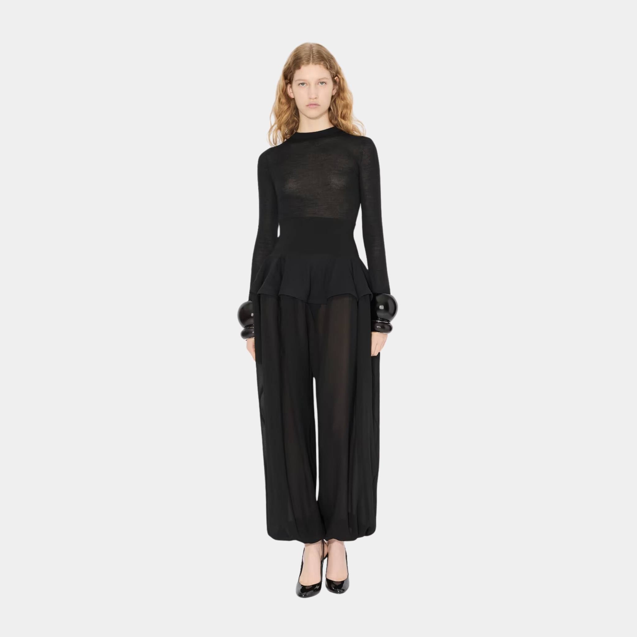 Alaia Georgette Peplum Pants, Black, Model in Front View