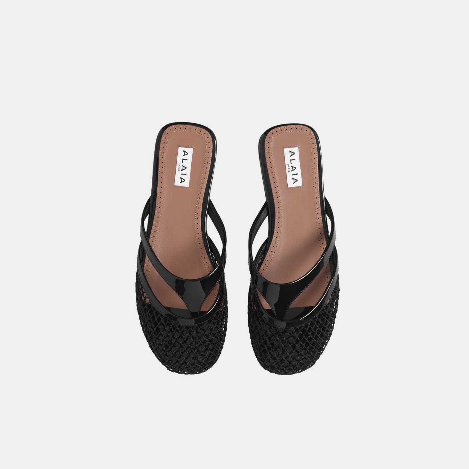 Alaia Infradito Flat Mules In Fishnet And Patent Leather, Black, Top