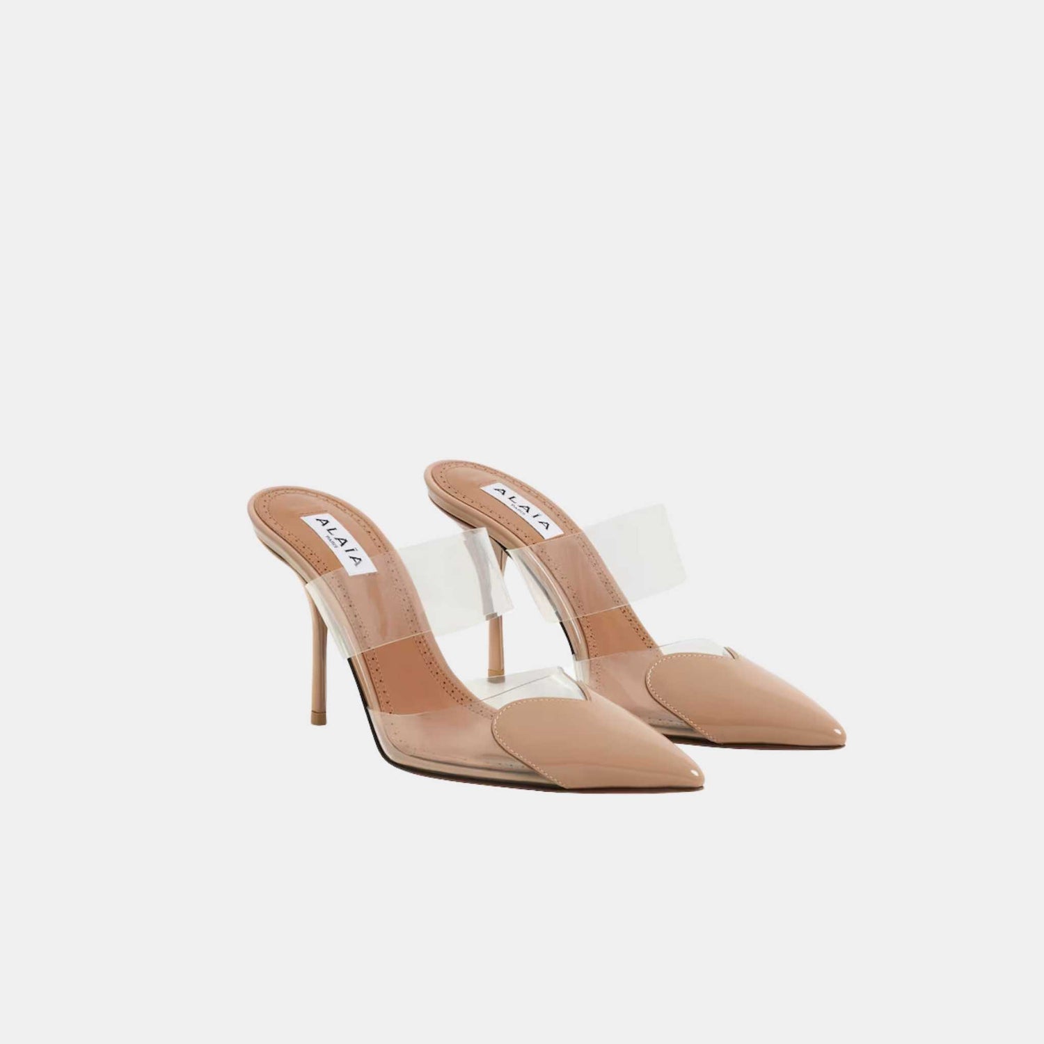 Alaia Le Cœur Mules In Patent Calfskin, Beige, Frontside View