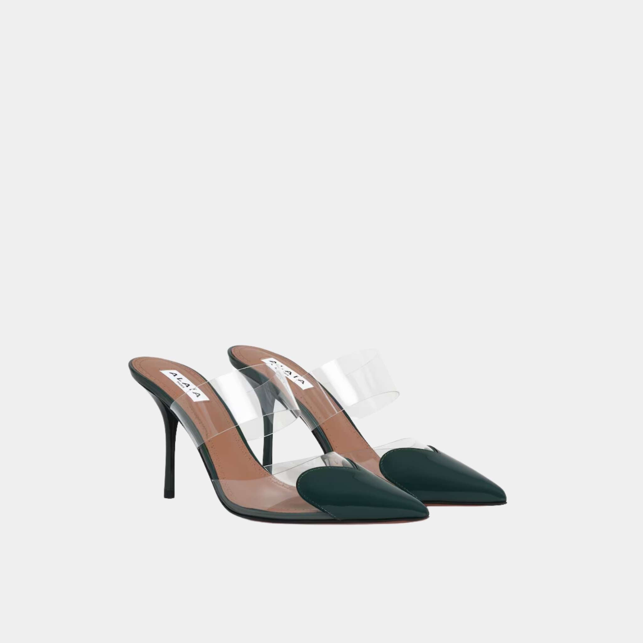 Alaia Le Cœur Mules In Patent Calfskin, Green, Frontside View