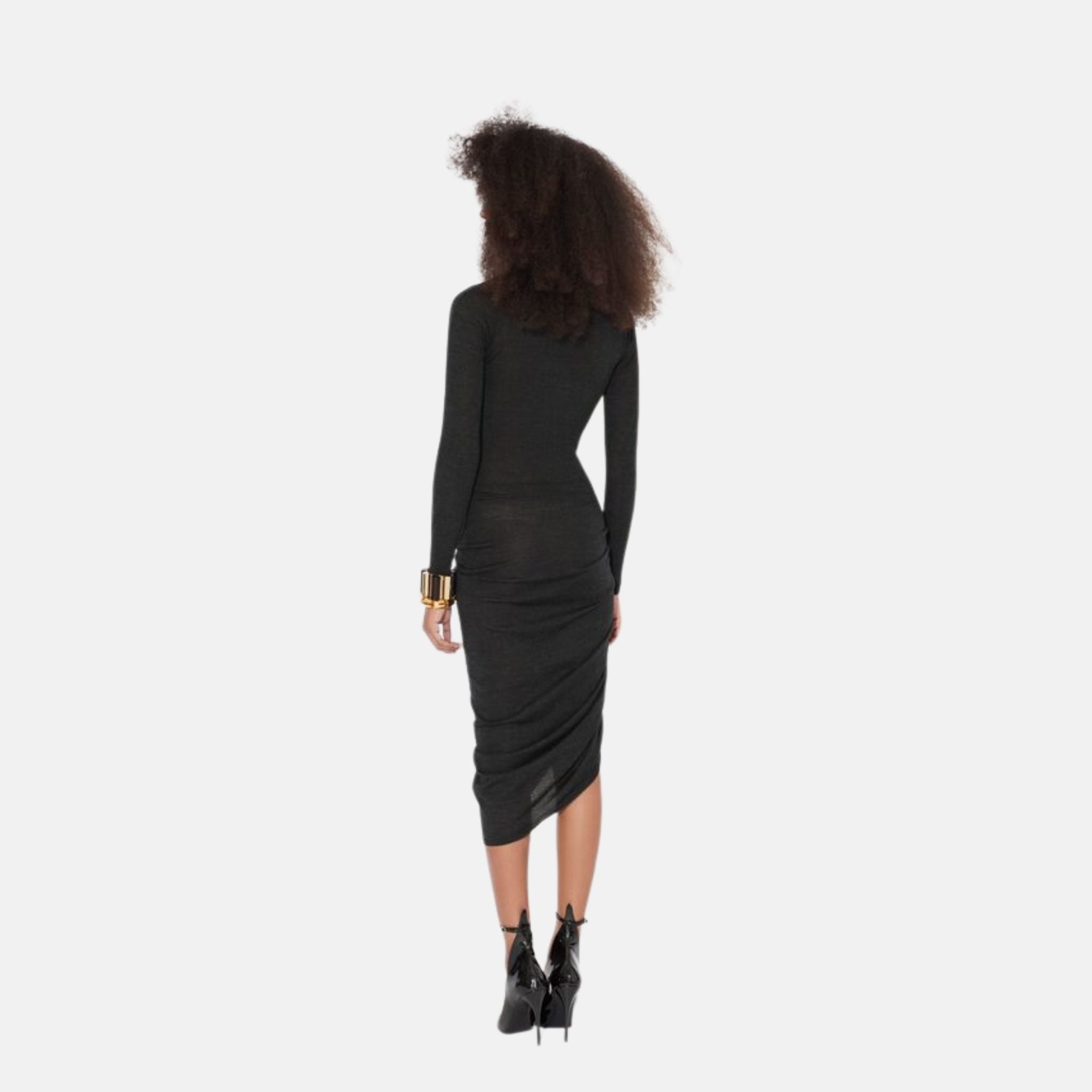 Alaia Long Sleeve Draped Knit Dress, Black, Back
