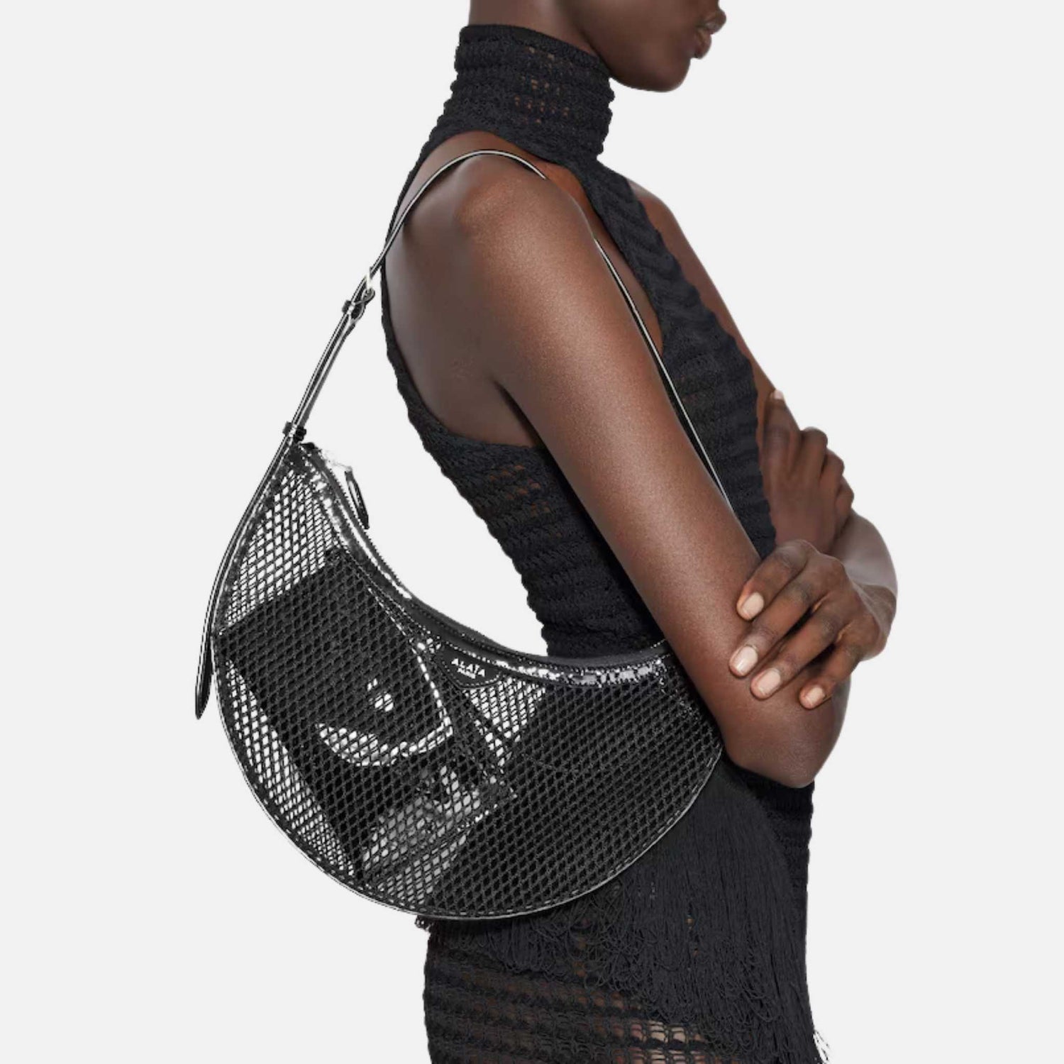 Alaia One Piece Demi Lune Bag In Fishnet, Black, Model