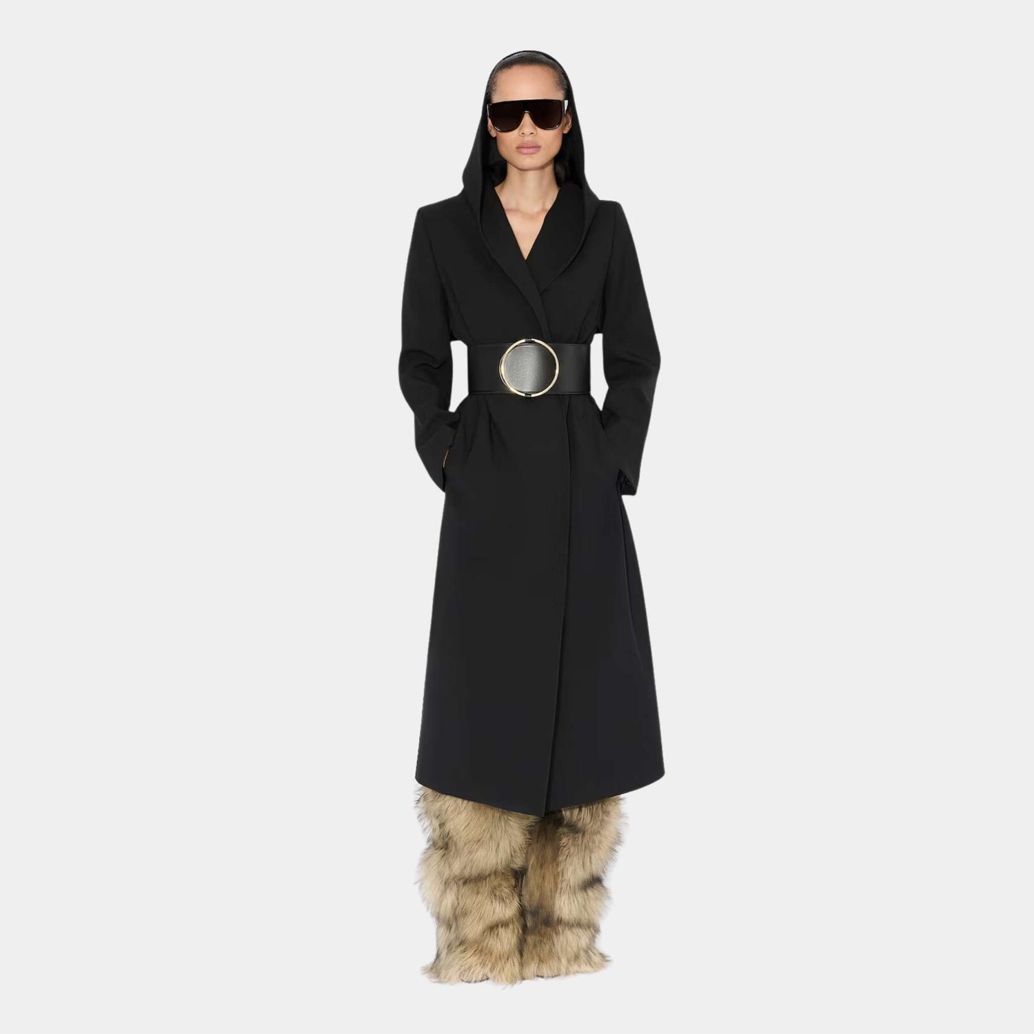 Alaia Tailored Wool Coat With Hood, Black, Model View