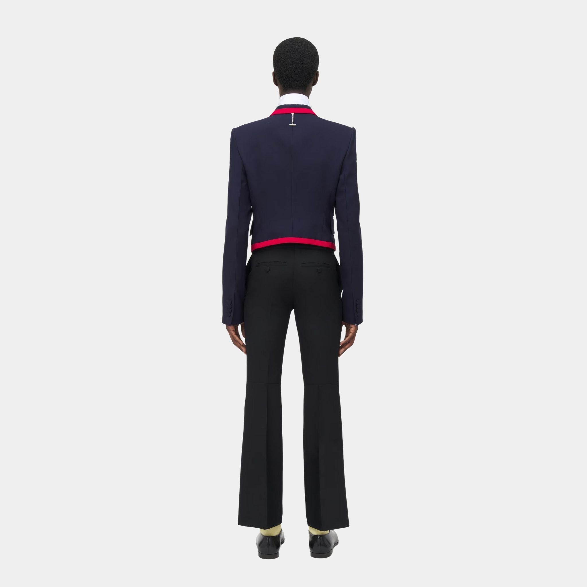 Alexander McQueen Binding Shrunken Blazer in Navy, Model