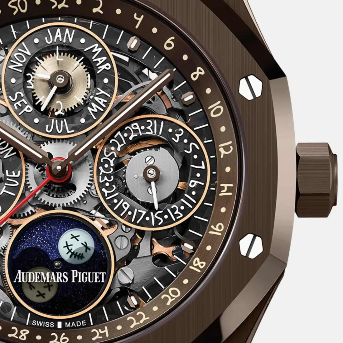 Audemars Piguet رويال أوك تقويم دائم هيكل عظمي كاكتوس جاك، رقم 26585CM.OO.D301VE.01، لقطة مقرّبة