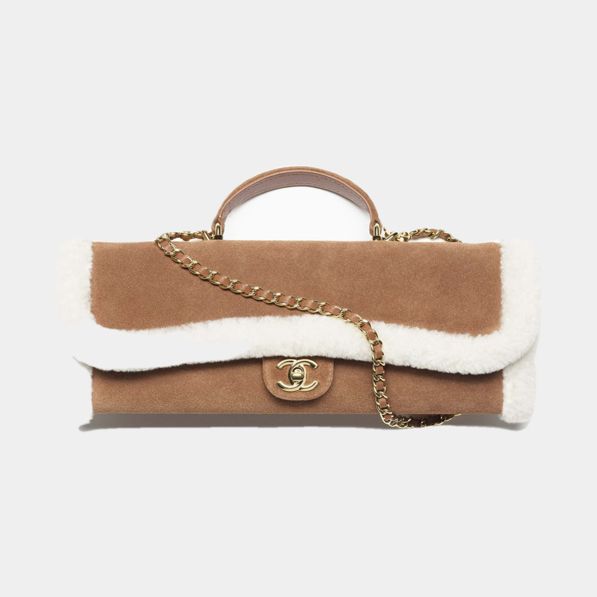 Clutch with Chain Suede Calfskin Shearling Lambskin & Gold-Tone Metal Brown & White — Default Title