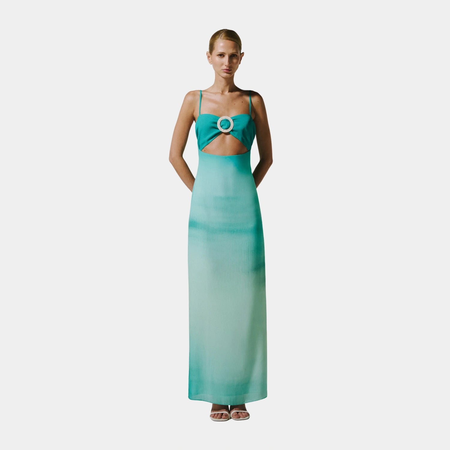 Baobab Aman Maxi Dress in Green Eden Chiffon, Model