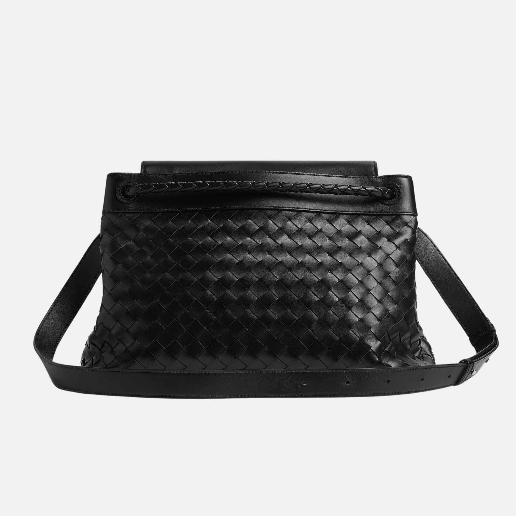 Bottega Veneta Andiamo Messenger Bag In Intrecciato Leather, Black, Back