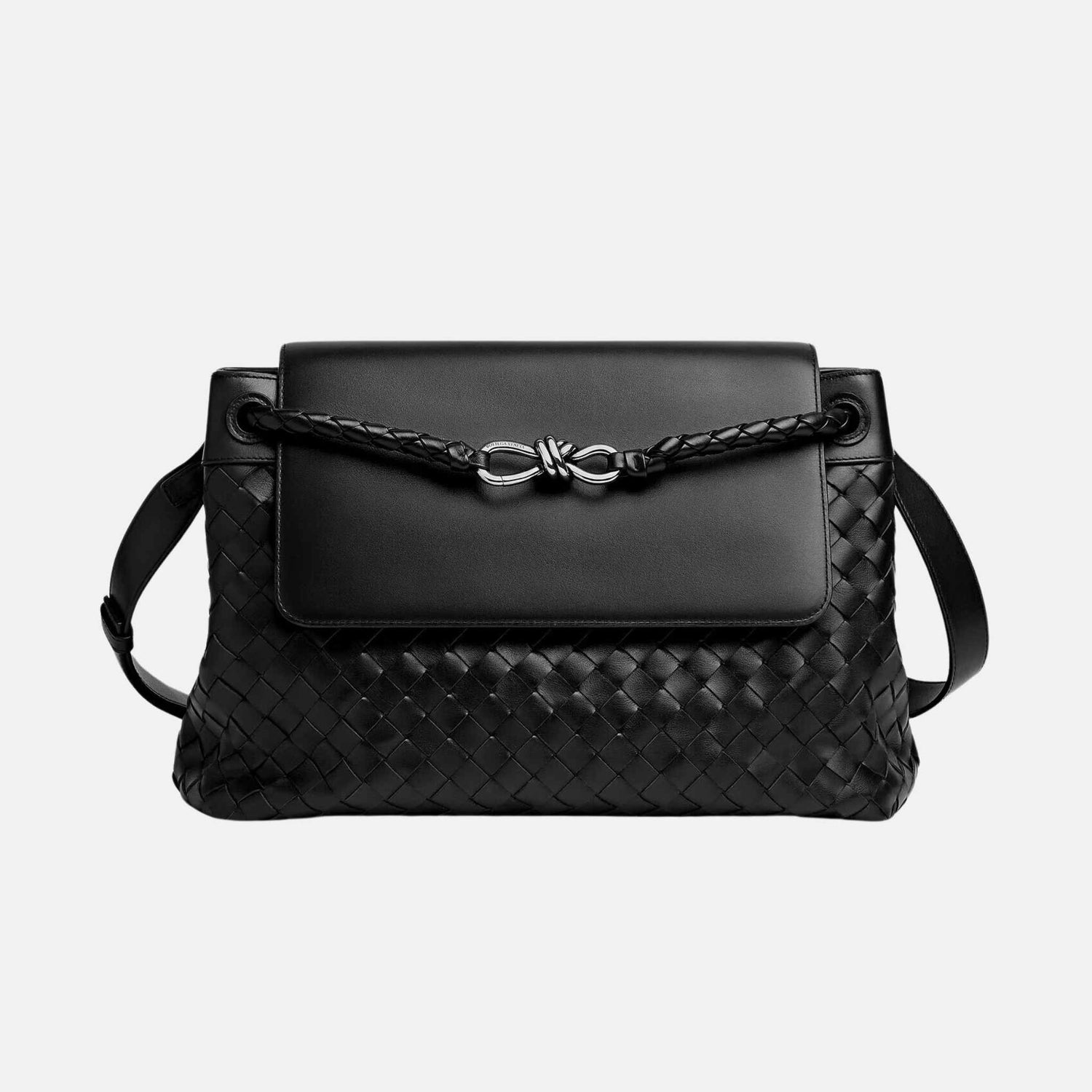 Bottega Veneta Andiamo Messenger Bag In Intrecciato Leather, Black, Front