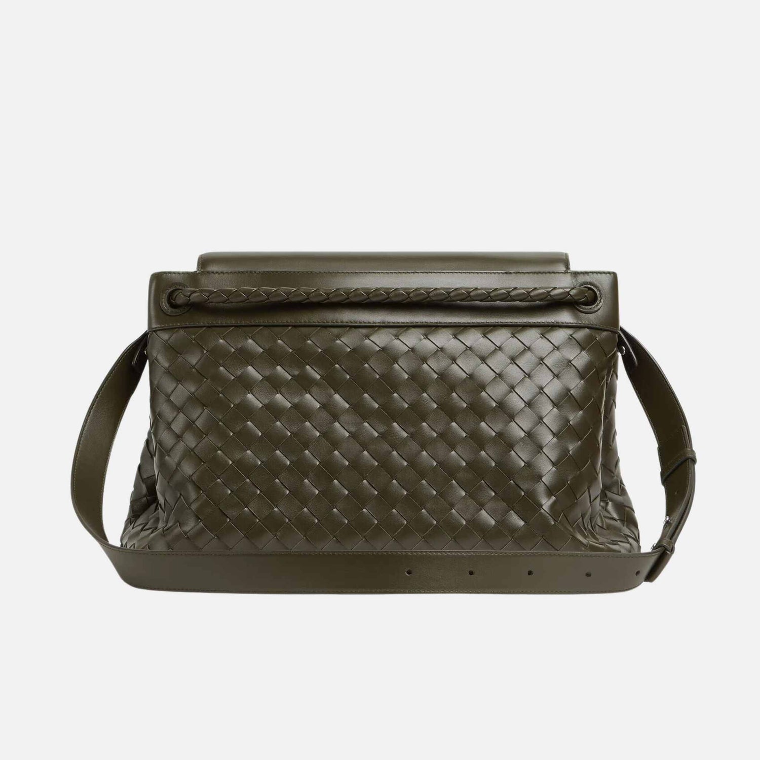 Bottega Veneta Andiamo Messenger Bag In Intrecciato Leather, Kaki, Back