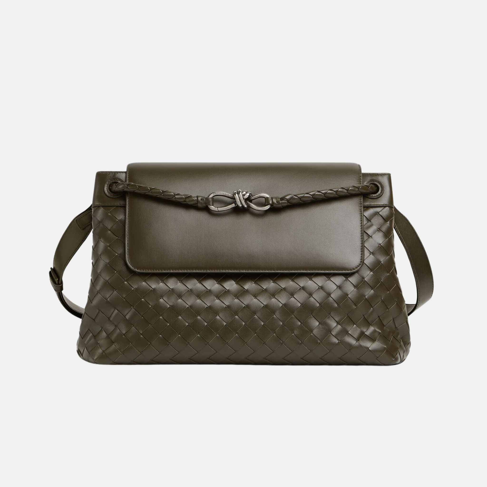 Bottega Veneta Andiamo Messenger Bag In Intrecciato Leather, Kaki, Front