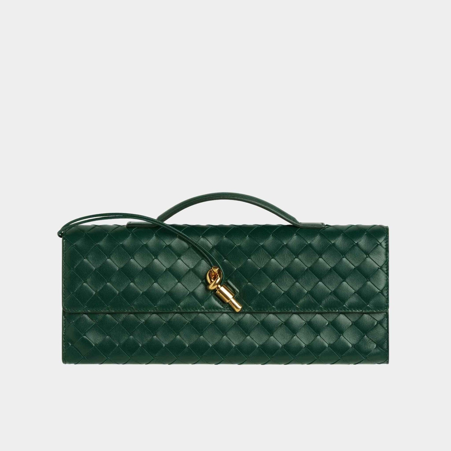 Bottega Veneta Andiamo Top Handle Clutch Intrecciato Leather, Emerald Green, Front