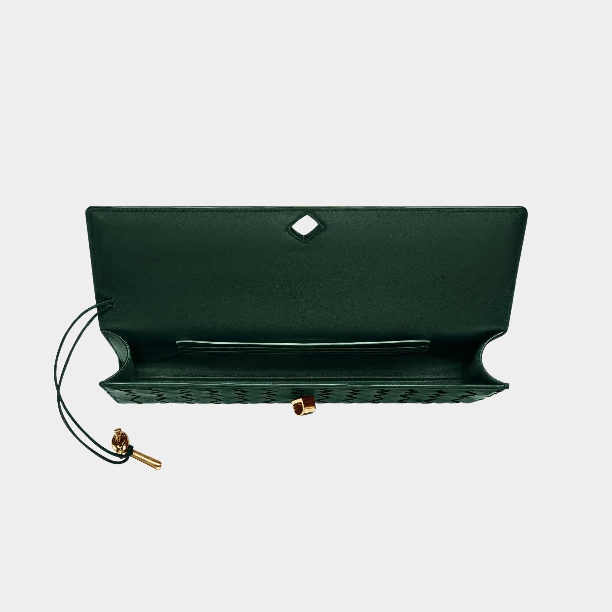 Bottega Veneta Andiamo Top Handle Clutch Intrecciato Leather, Emerald Green, Open