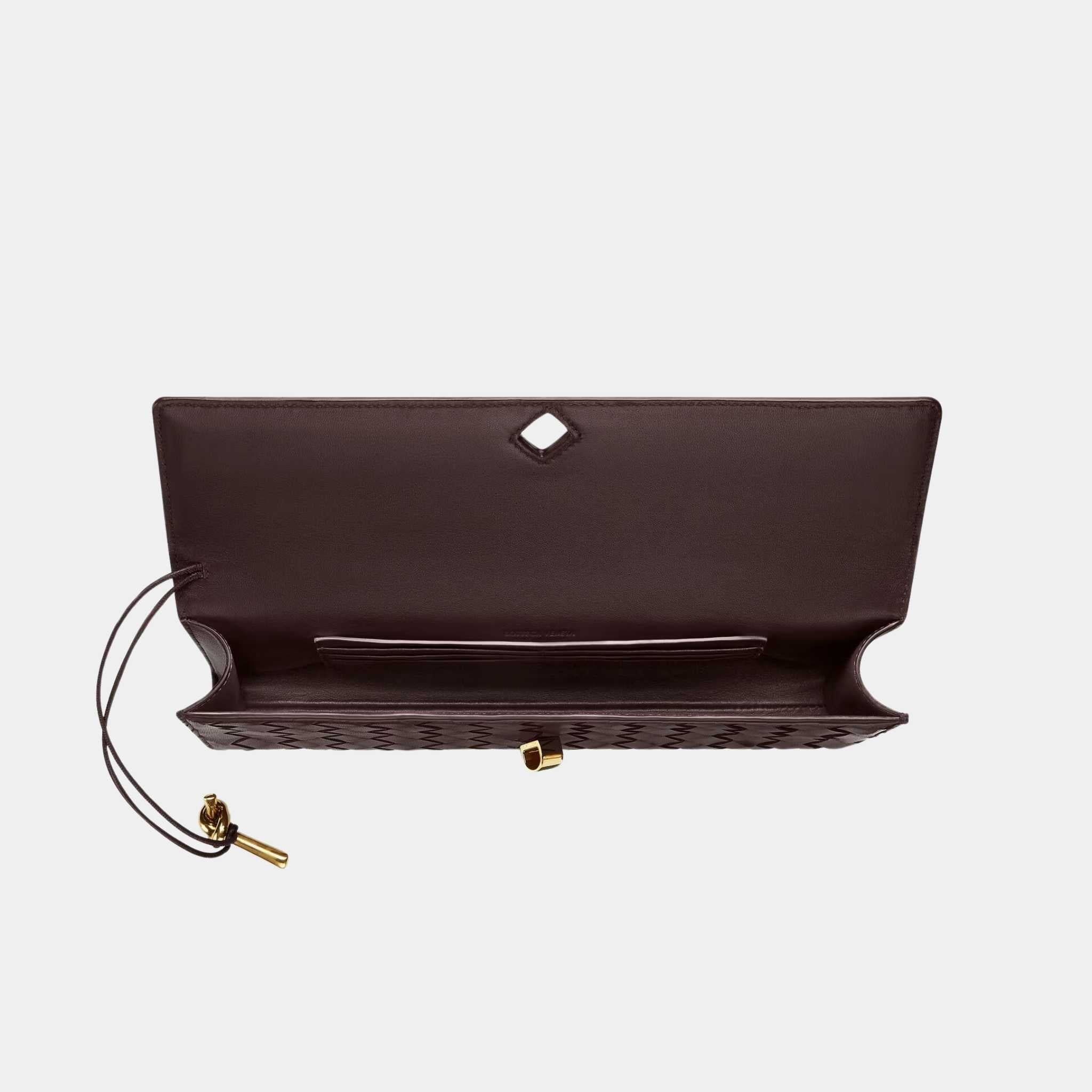 Bottega Veneta Andiamo Top Handle Clutch Intrecciato Leather, Fondant, Open