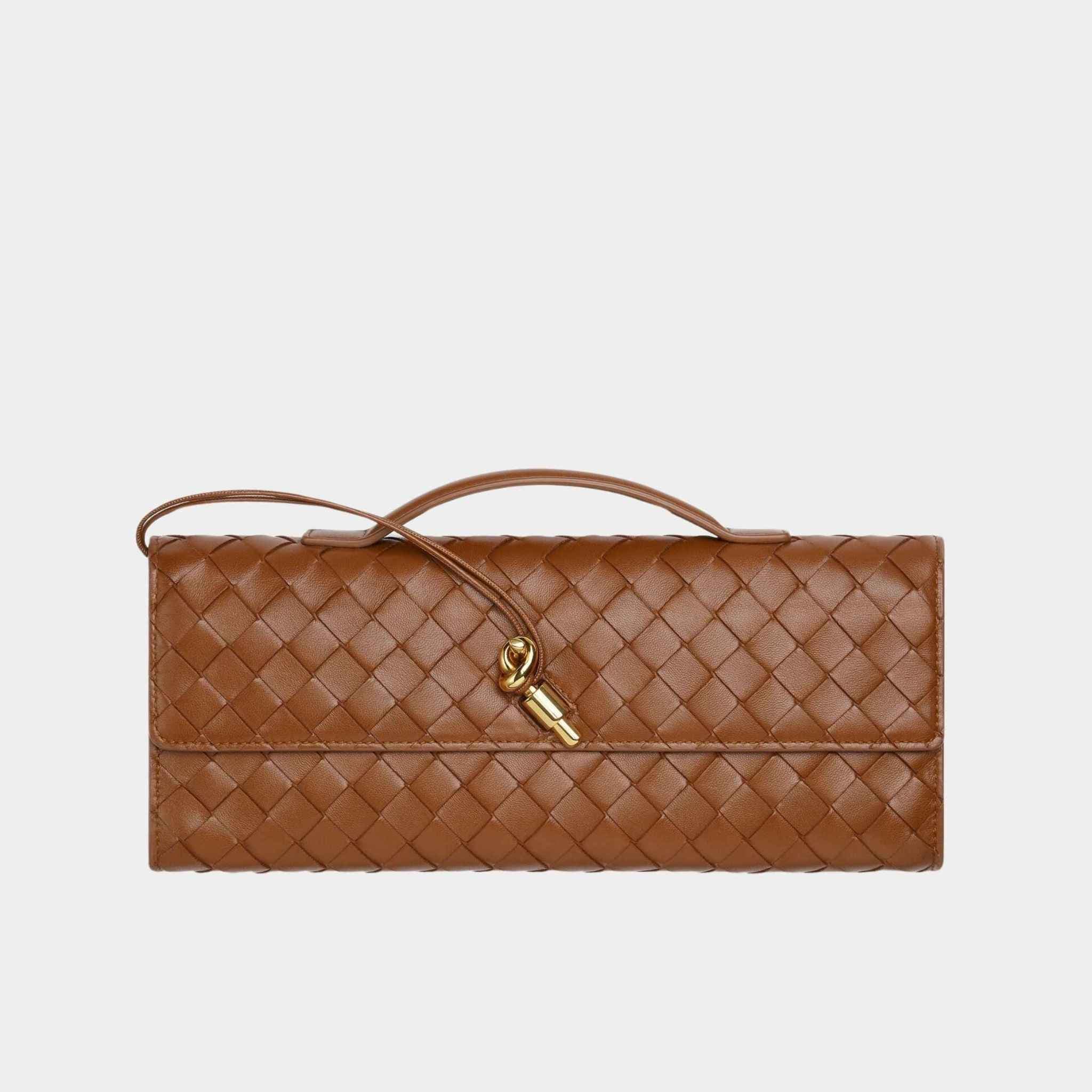 Bottega Veneta Andiamo Top Handle Clutch Intrecciato Leather, Lotus, Front