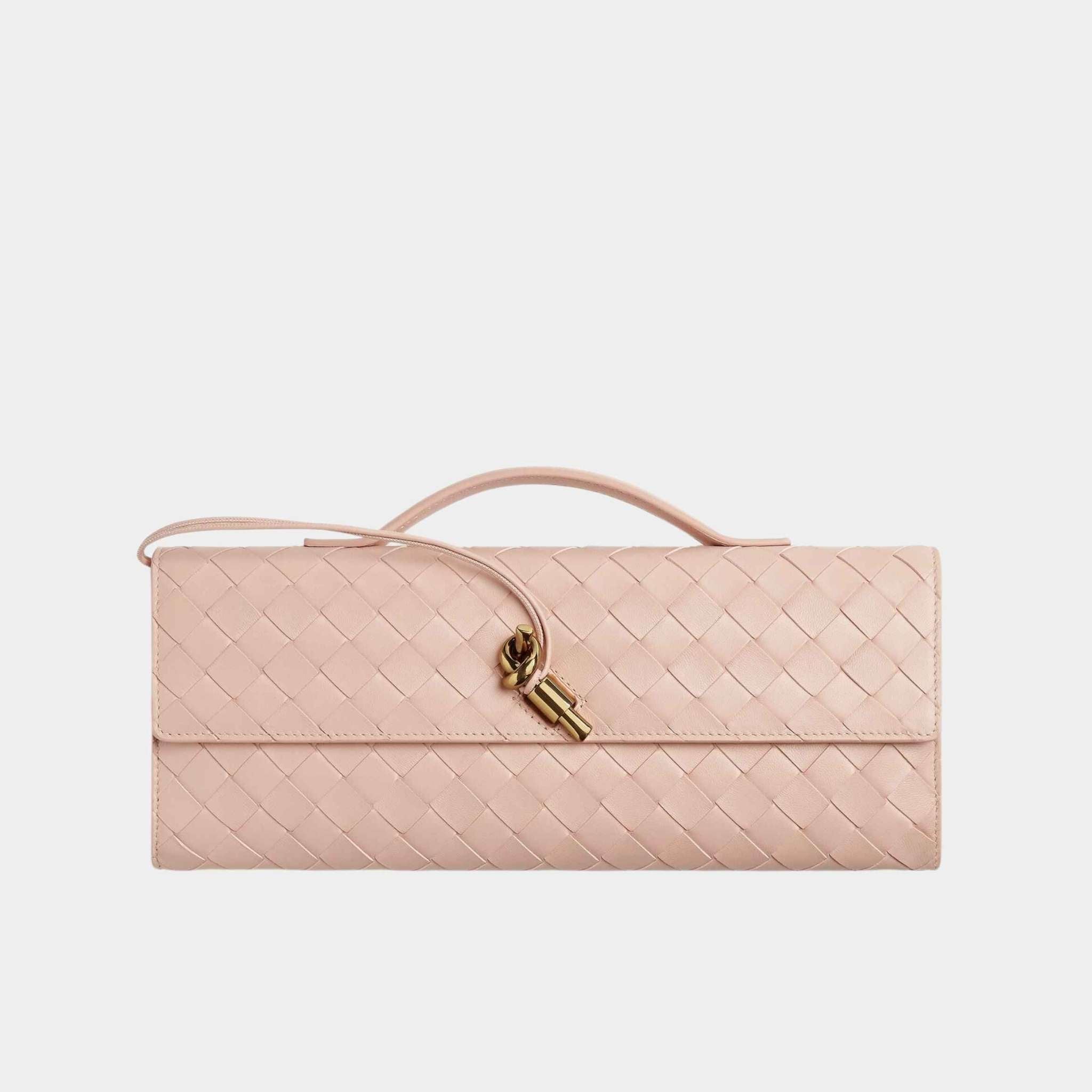 Bottega Veneta Andiamo Top Handle Clutch Intrecciato Leather, Pink, Front