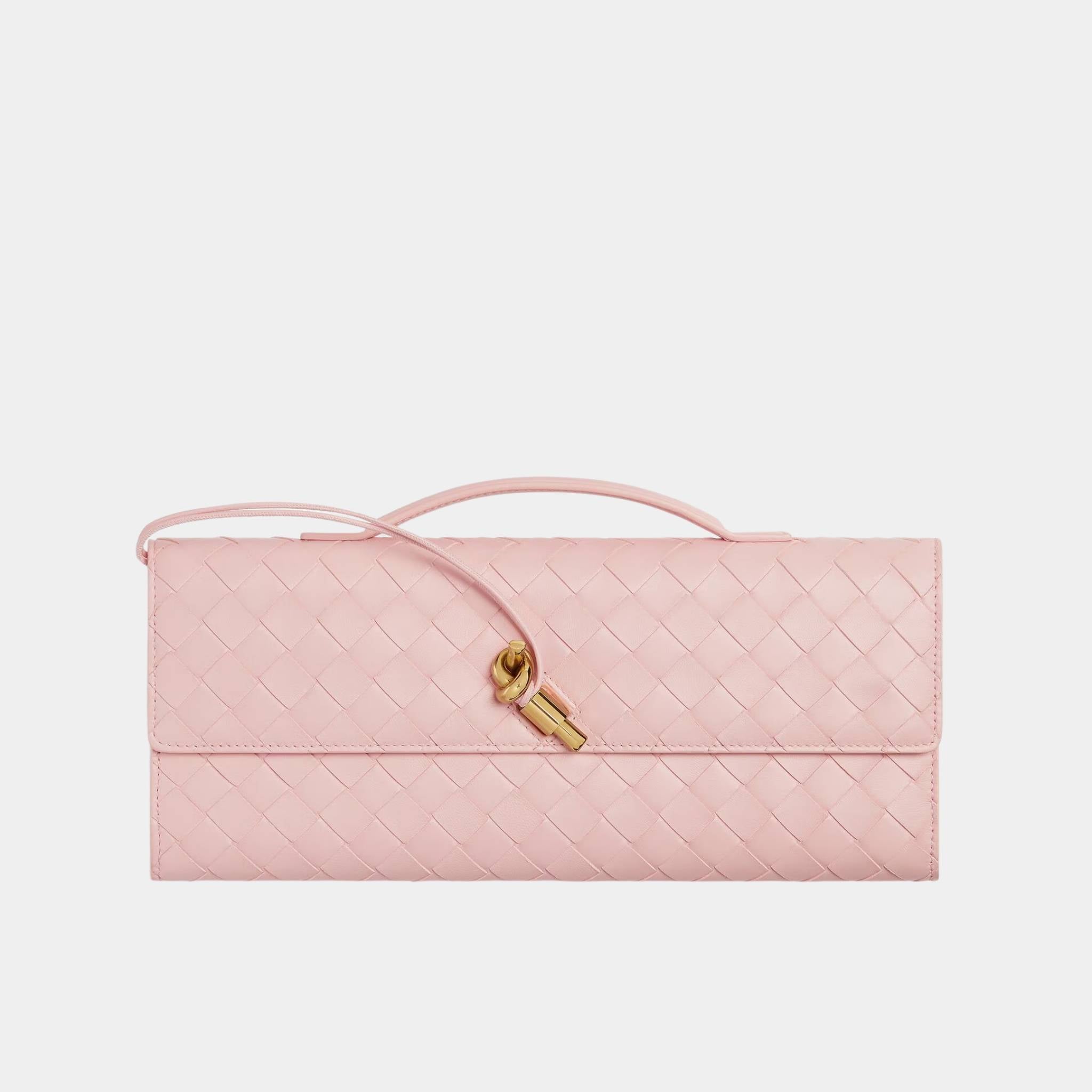 Bottega Veneta Andiamo Top Handle Clutch Intrecciato Leather, Rose, Front