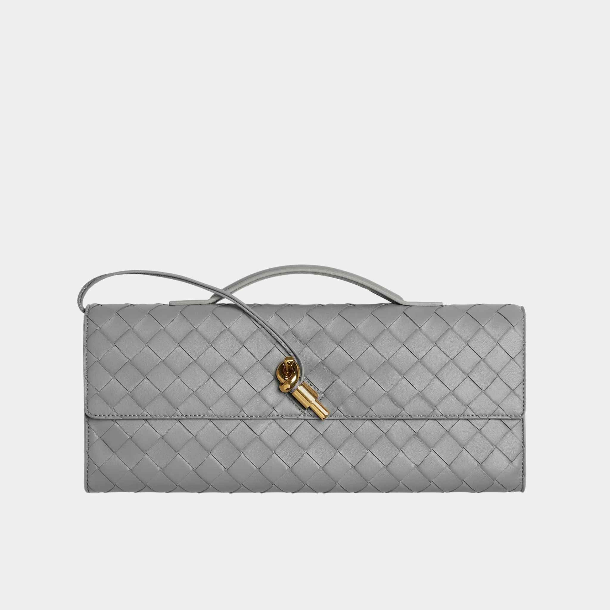 Bottega Veneta Andiamo Top Handle Clutch Intrecciato Leather, Sterling, Front