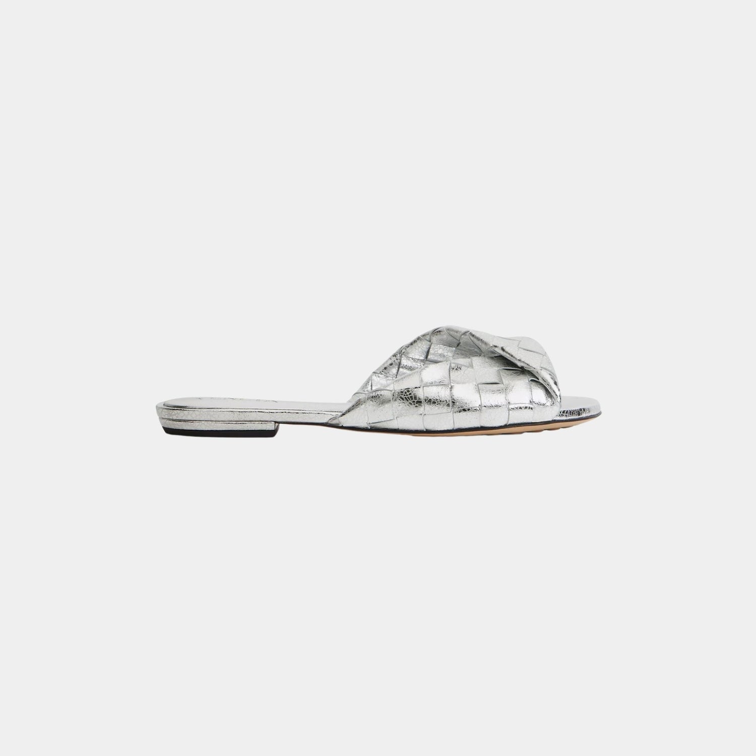 Bottega Veneta Blink Flat Mule Intrecciato Laminated Leather, Silver, Side