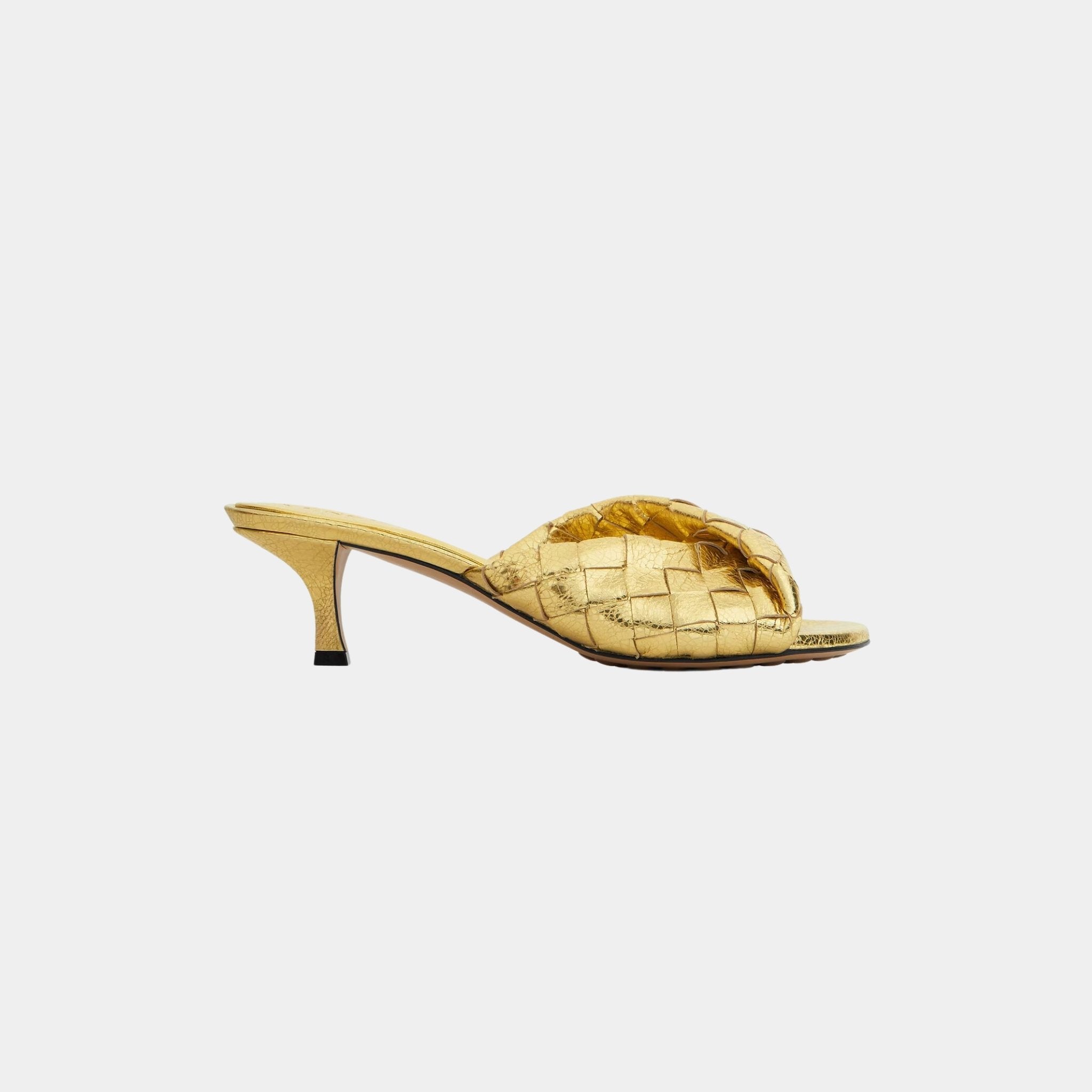 Bottega Veneta Blink Kitten Heel Mule Intrecciato Laminated Leather, Gold, Side