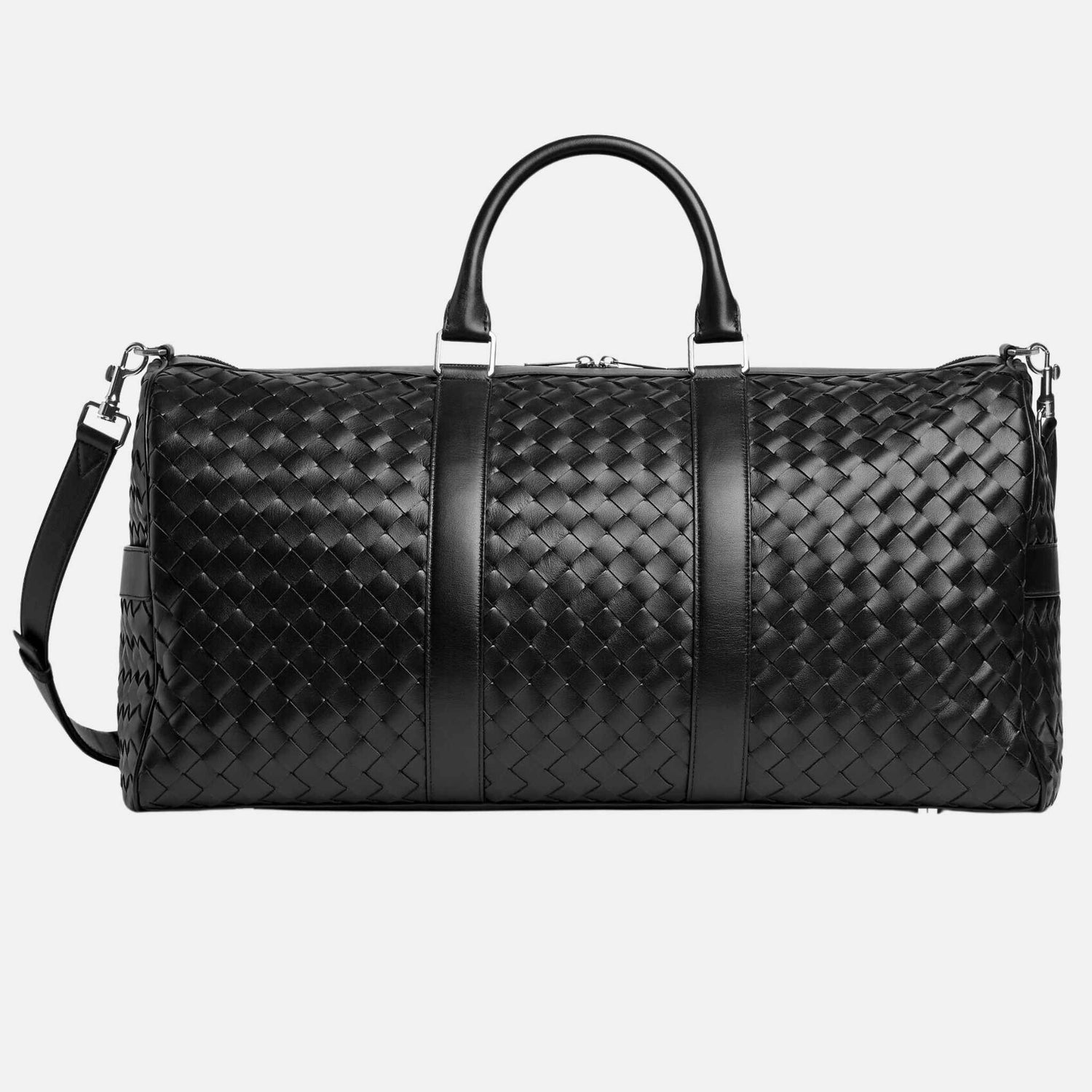 Bottega Veneta Cabin Duffle Bag In Intrecciato Leather, Black, Front