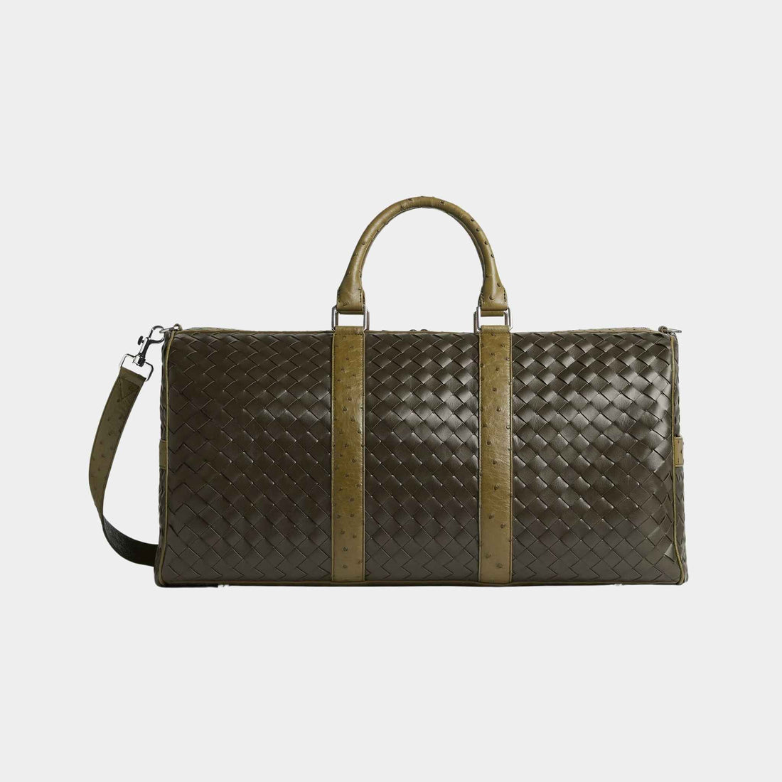 Bottega Veneta Cabin Duffle Intrecciato Leather With Ostrich Trims, Kaki, Algae, Front