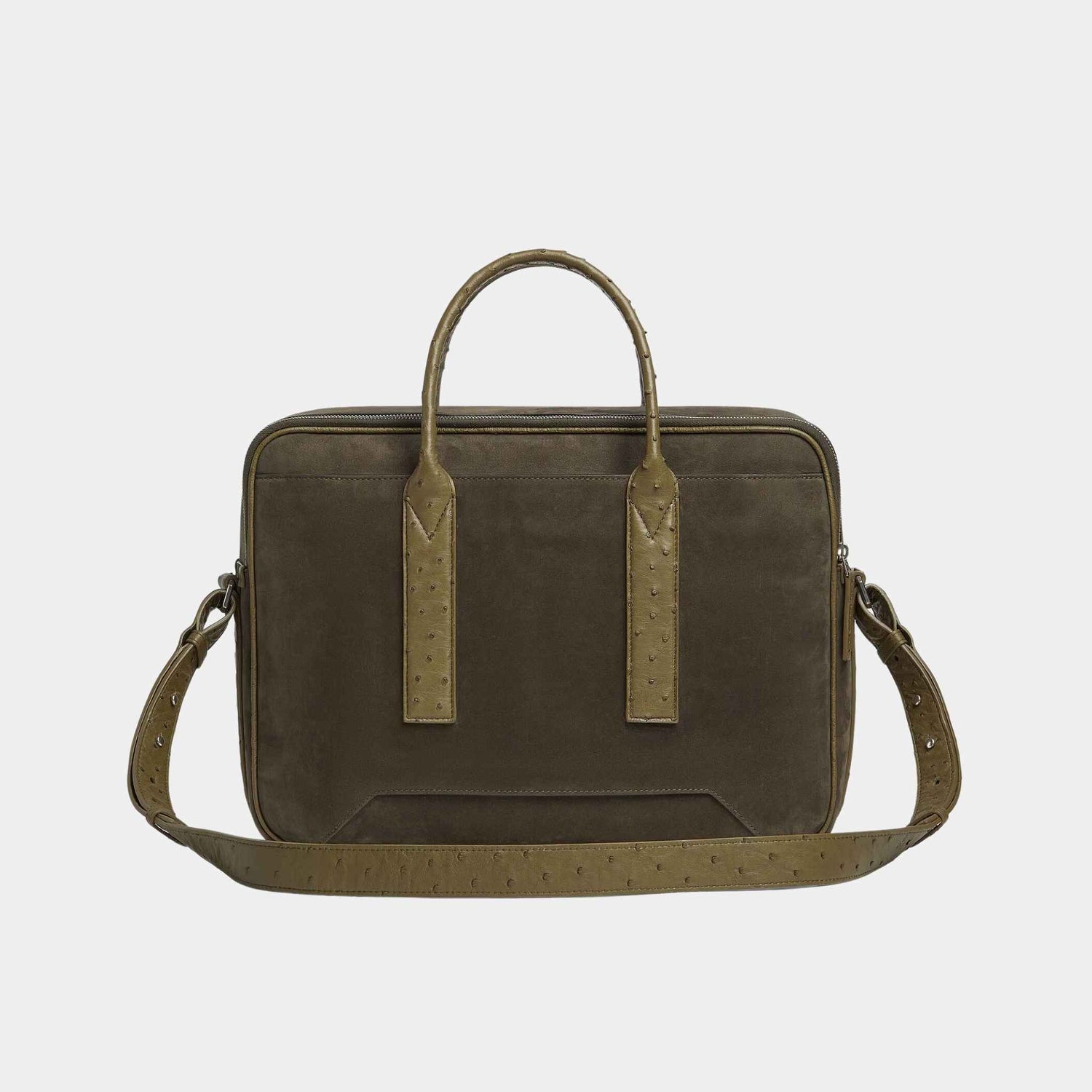 Bottega Veneta Getaway Briefcase Nubuck Leather With Ostrich Trims, Kaki, Algae, Back