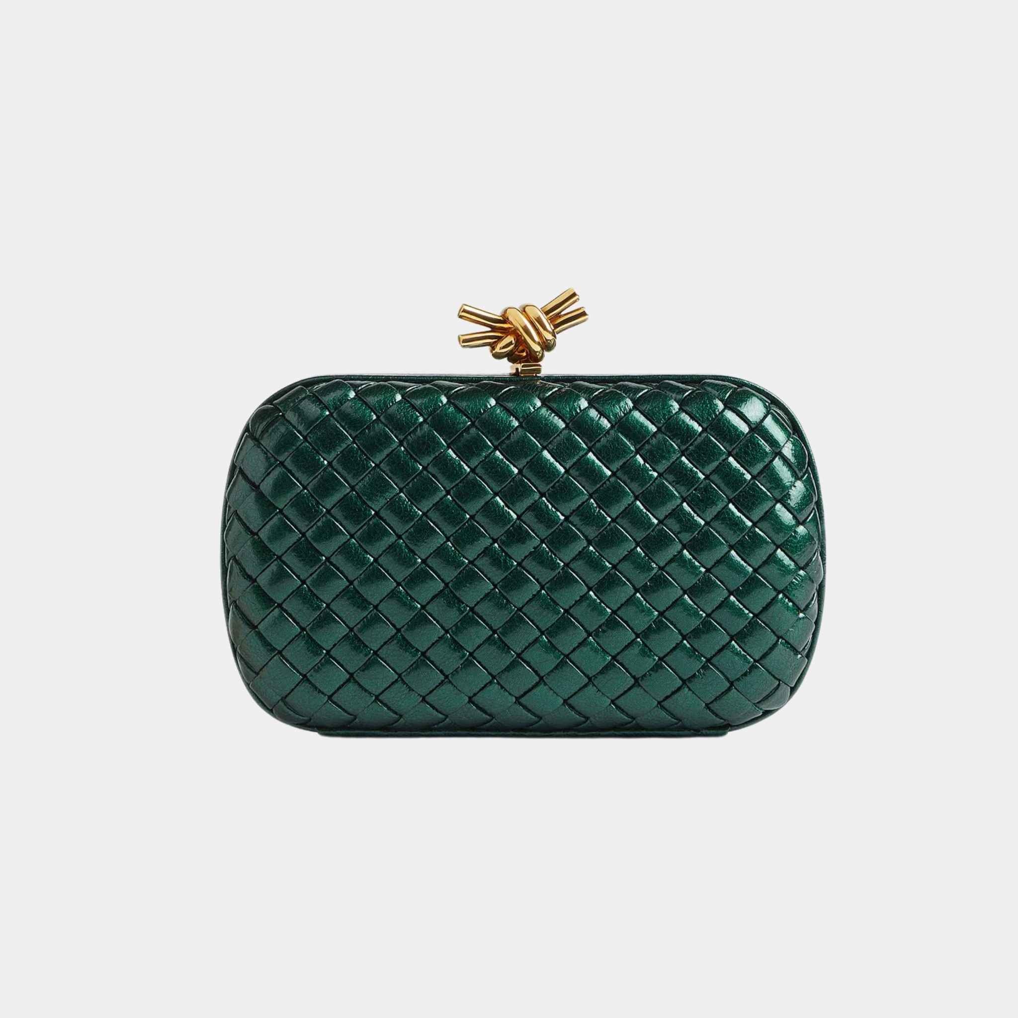 Bottega Veneta Knot Clutch Intreccio Leather, Viridian Green, Front