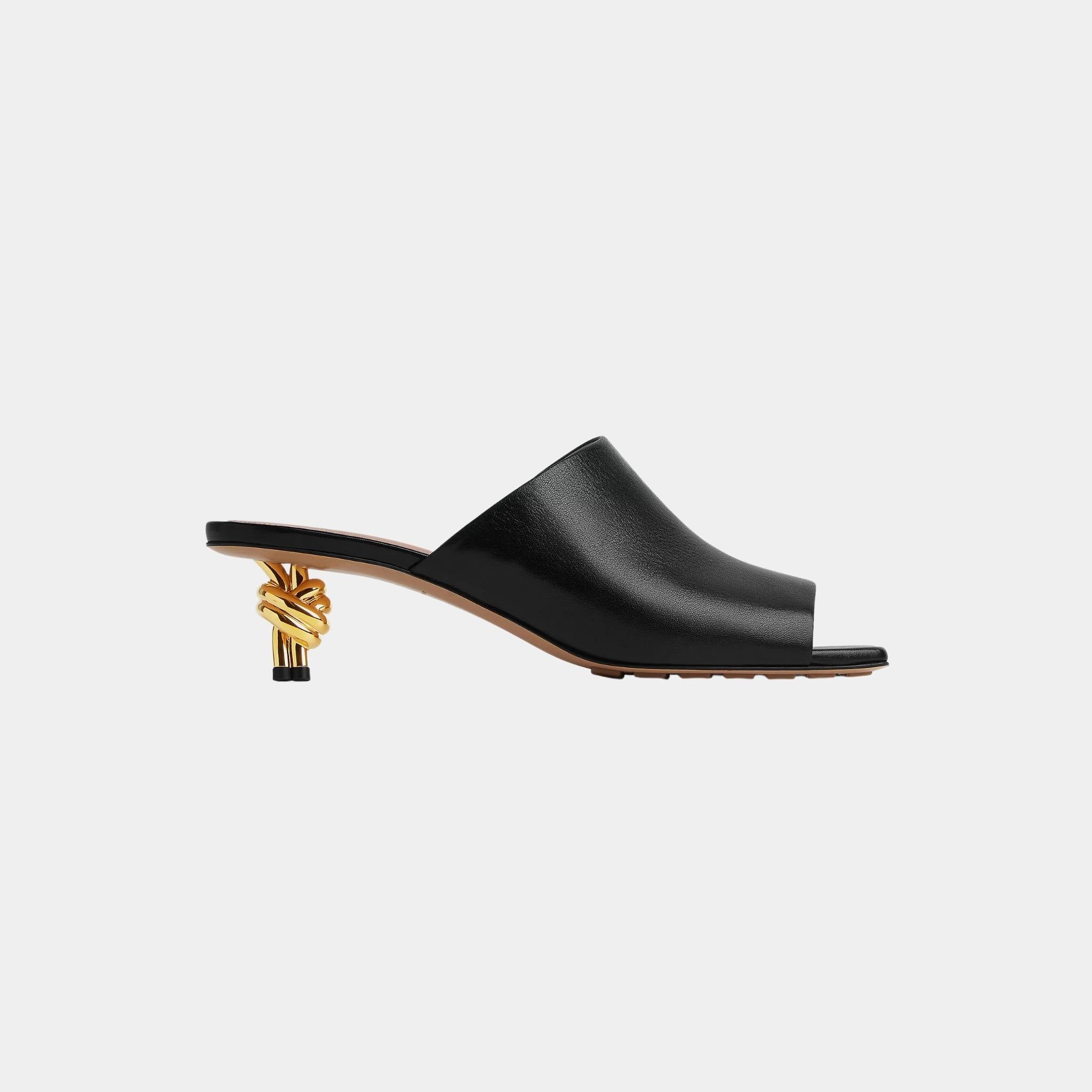 Bottega Veneta Knot Mule Lambskin with Gold Finished Metal Mid Heel, Black, Side