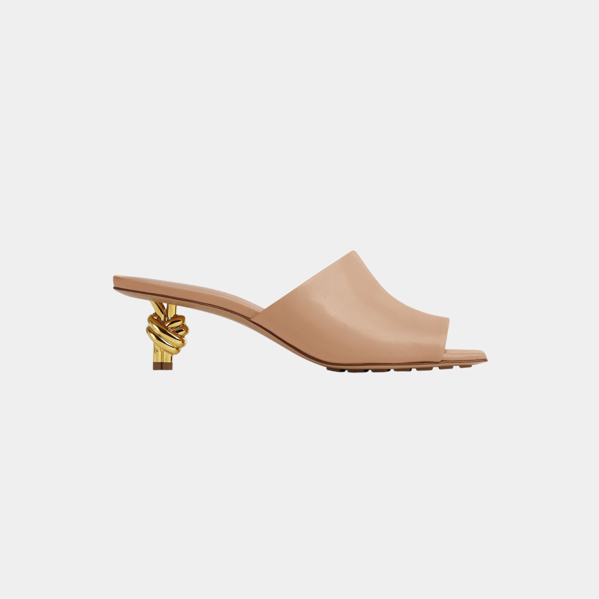 Bottega Veneta Knot Mule Lambskin with Gold Finished Metal Mid Heel, Cipria, Side