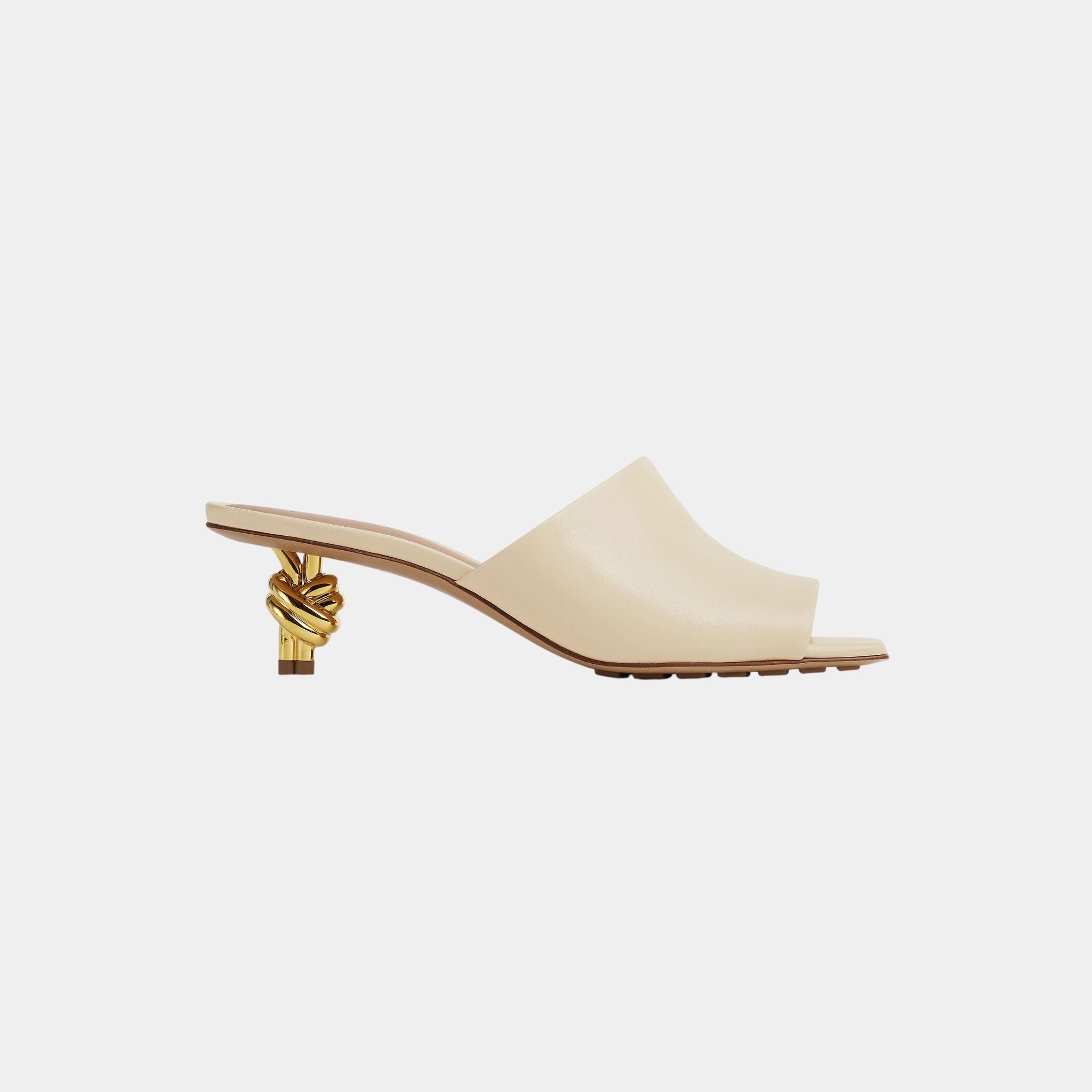 Bottega Veneta Knot Mule Lambskin with Gold Finished Metal Mid Heel, Sea Salt, Side