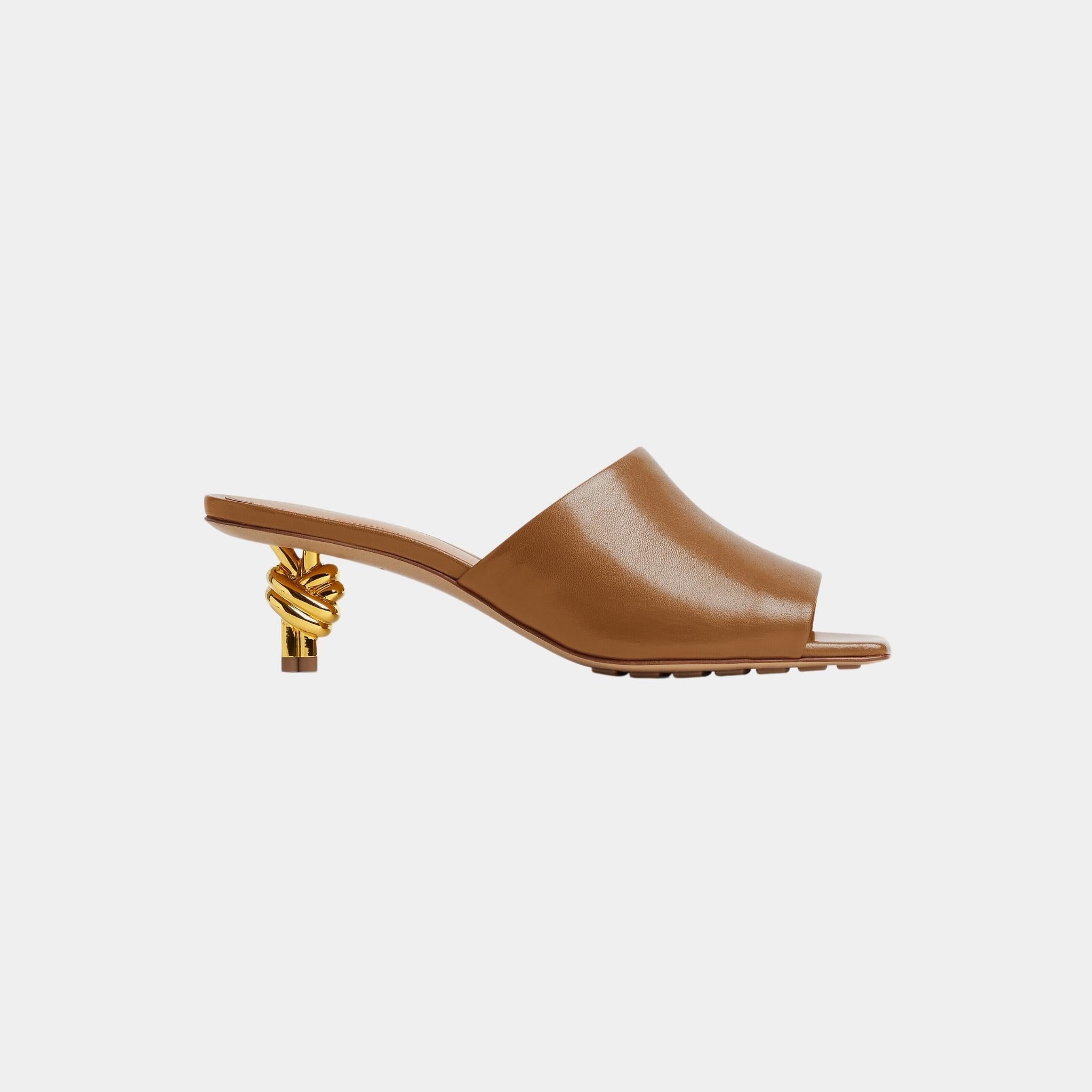 Bottega Veneta Knot Mule Lambskin with Gold Finished Metal Mid Heel, Wood, Side