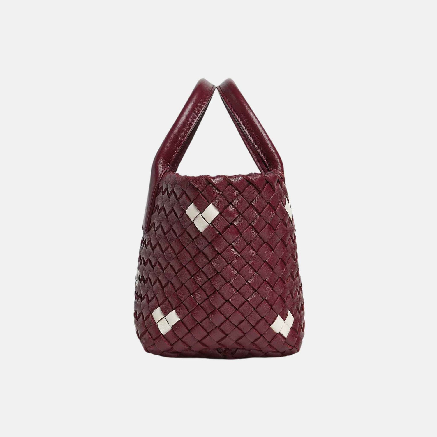 Bottega Veneta Mini Cabat Intreccio Leather Tote Bag Barolo/White, Side