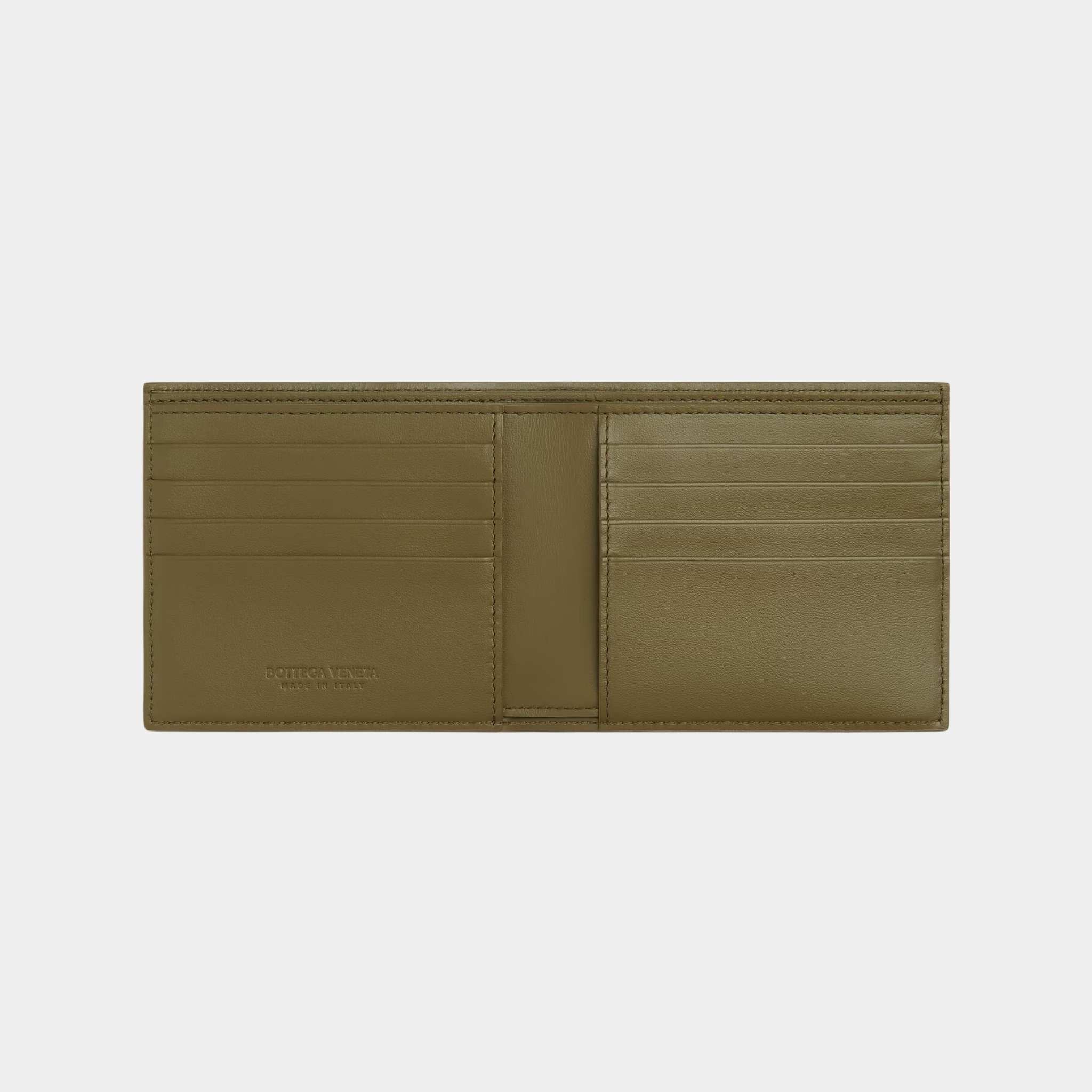 Bottega Veneta Ostrich Bi Fold Leather Wallet, Algae, Open