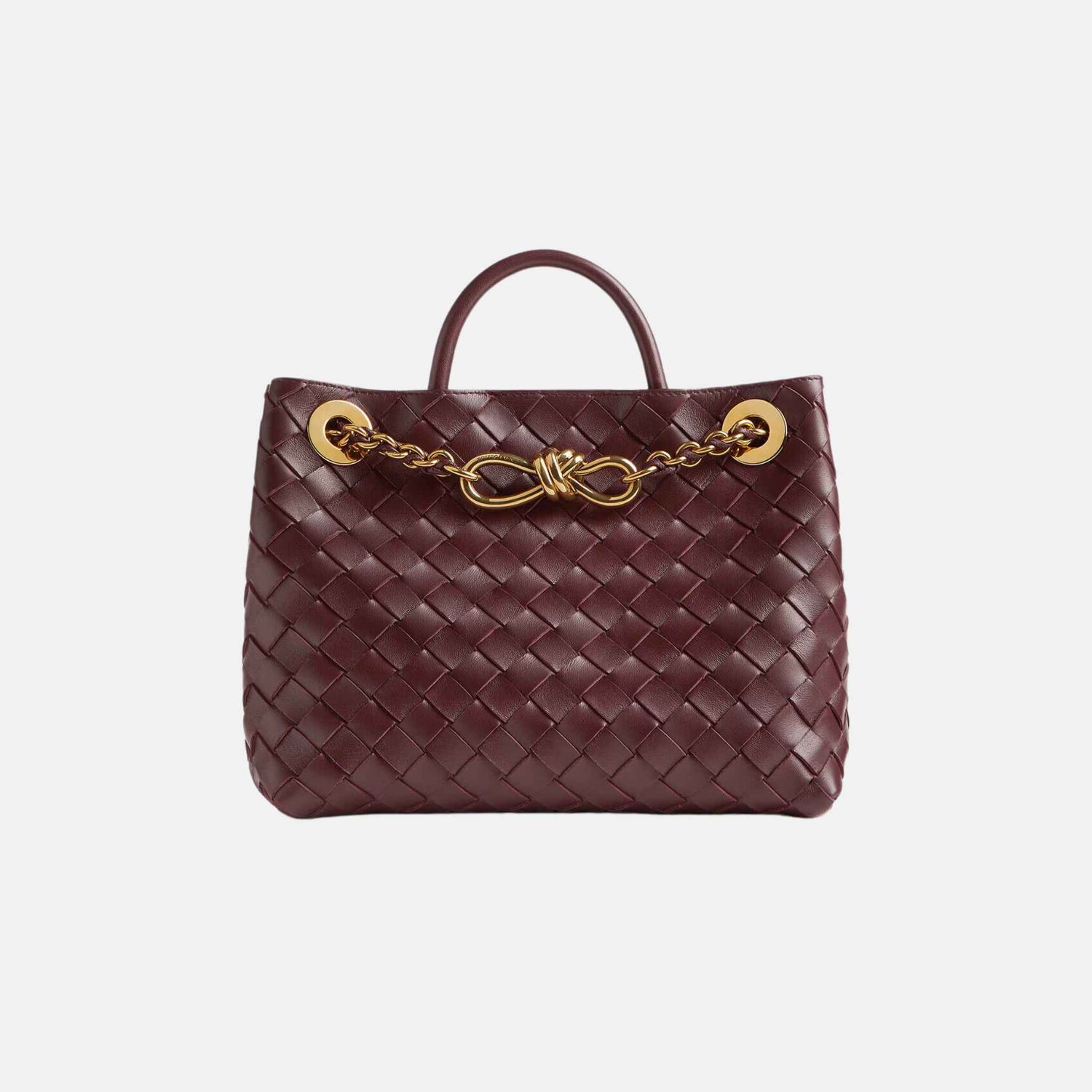 Bottega Veneta Small Andiamo Chain Top handle Bag Intrecciato Leather, Madder Brown, Front