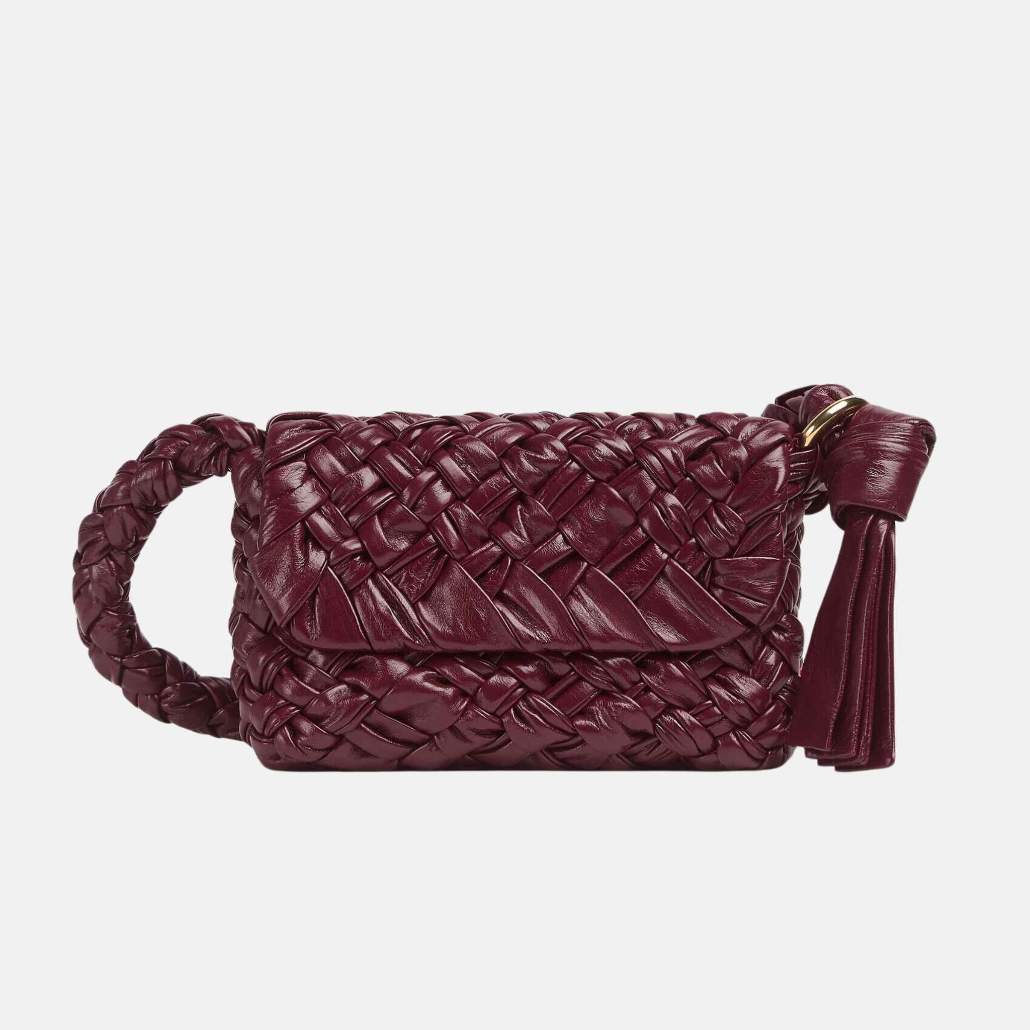 Bottega Veneta Small Kalimero Citta Soft Foulard Intreccio Leather, Barolo, Front