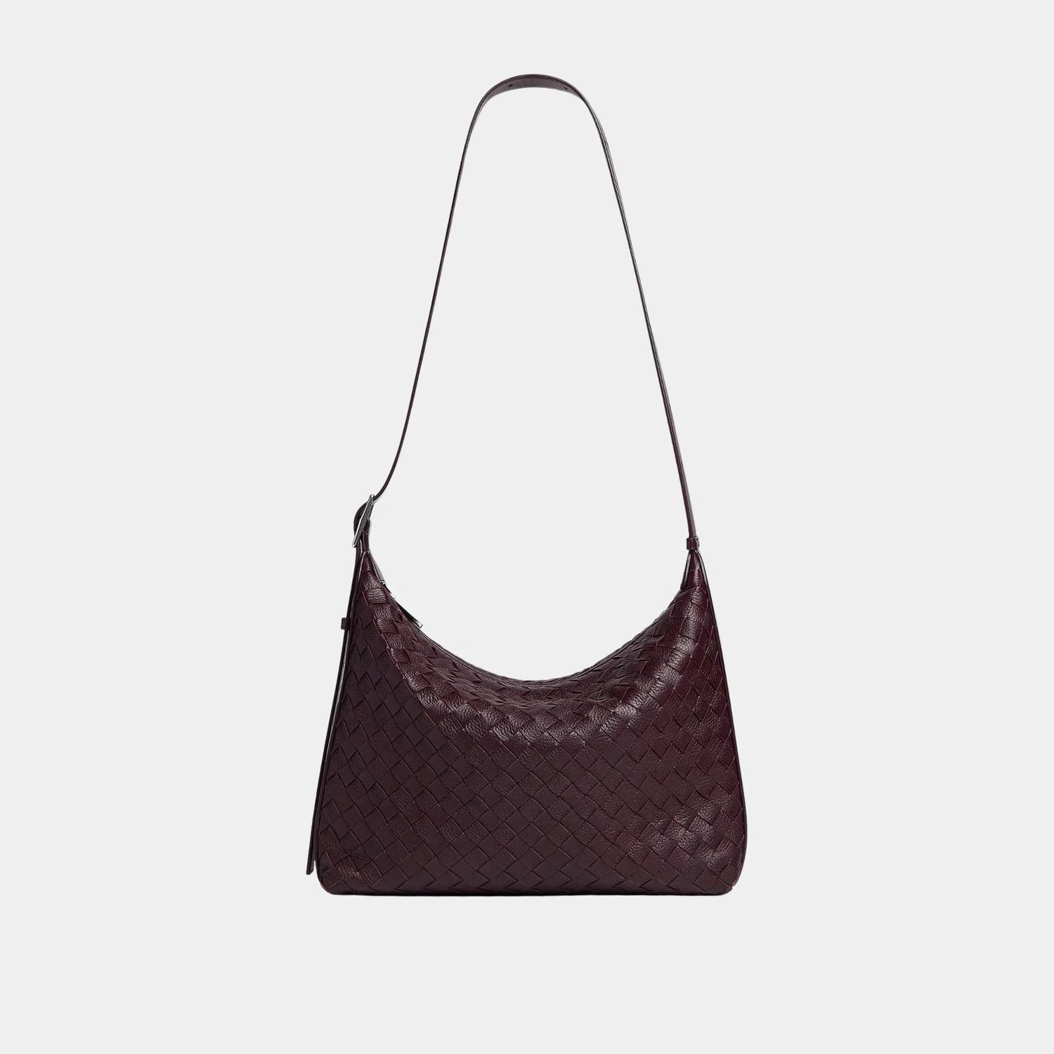 Bottega Veneta Small Traveler Hobo Bag In Intrecciato Deer Skin, Dark Barolo, Front